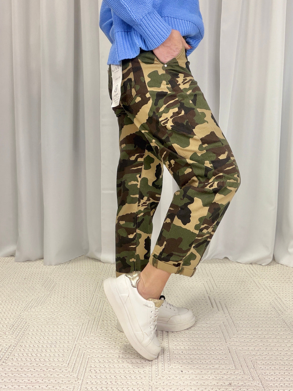 Risen Brinley Camo High Rise Ankle Barrel Double Roll Up Jeans