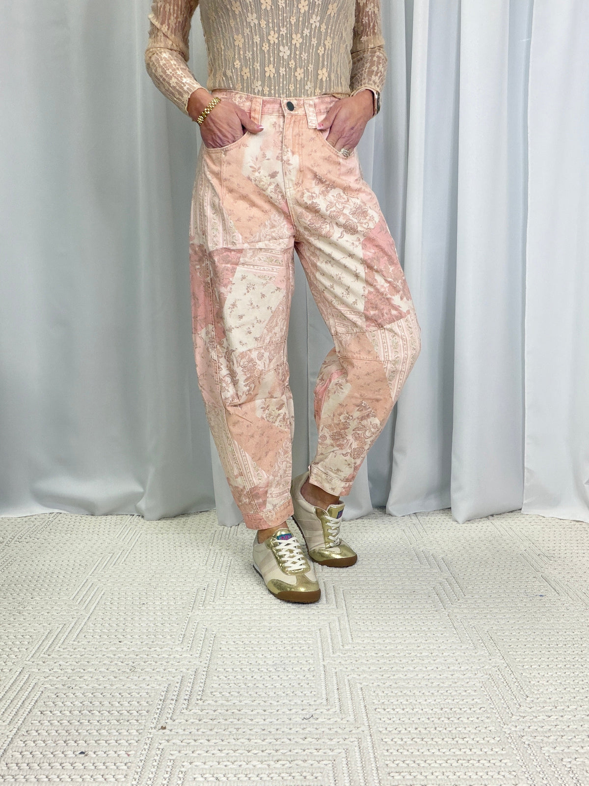 Til The Sun Rises Patchwork Printed Barrel Pants In Rose
