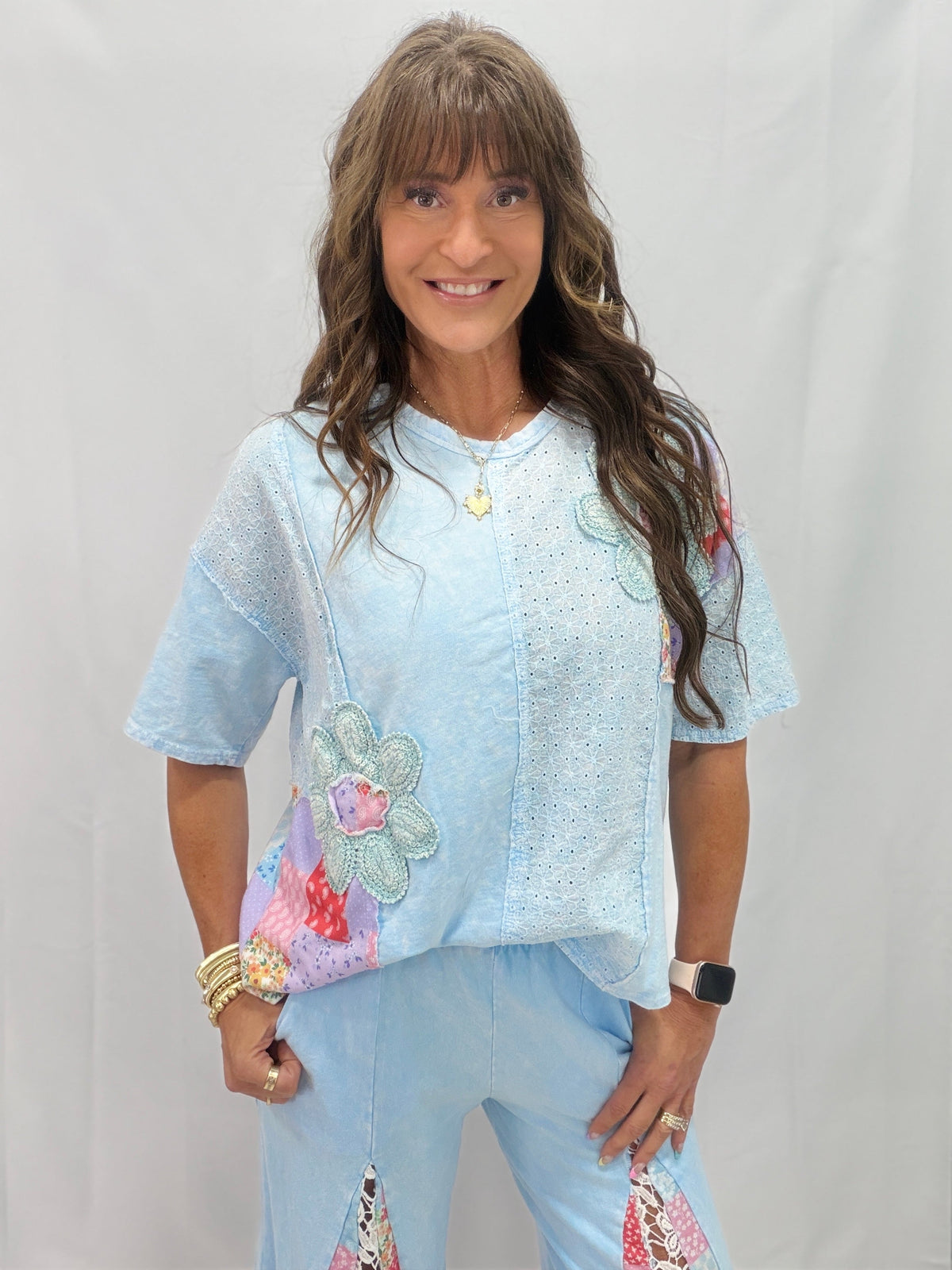 Flowerchild Mineral Washed Patchwork Eyelet Blouse In 4 Colors