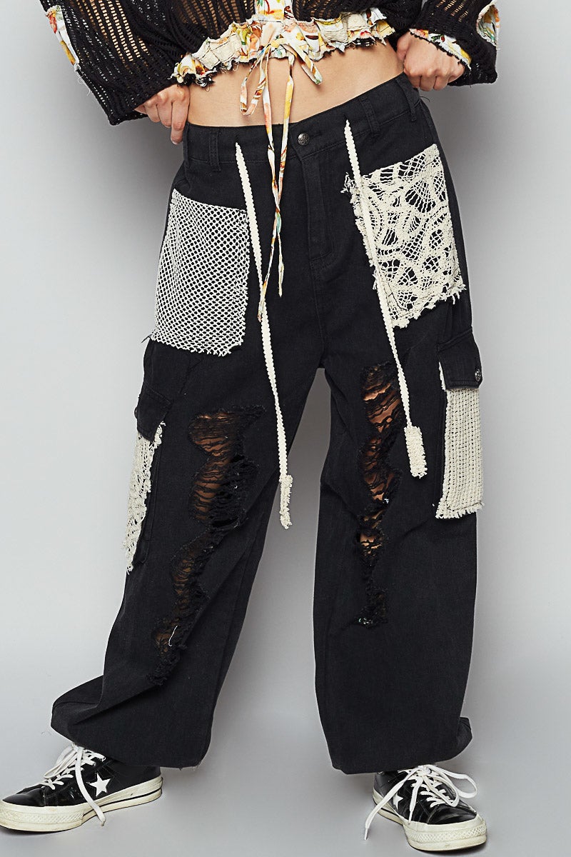 POL Rebel All The Time Distressed Crochet Patch Pants In 4 Colors