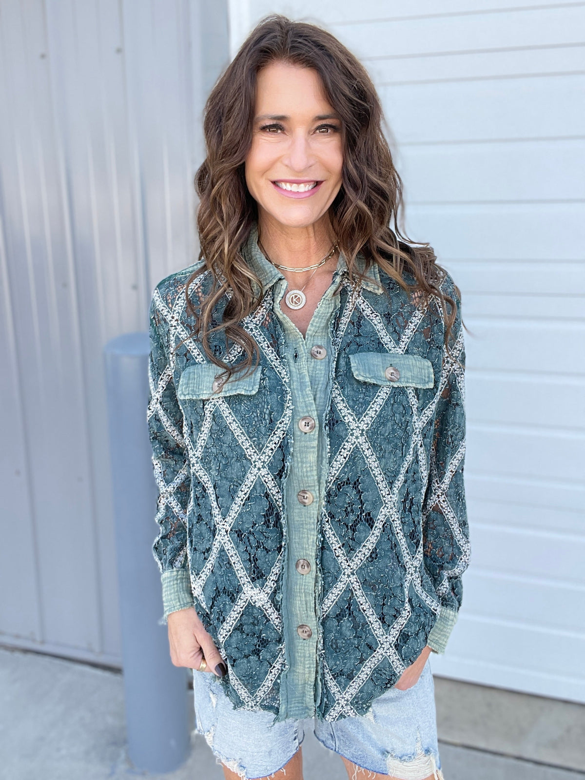 Oli & Hali Layer It Up Mineral Washed Button Up Top In Green *Final Sale*