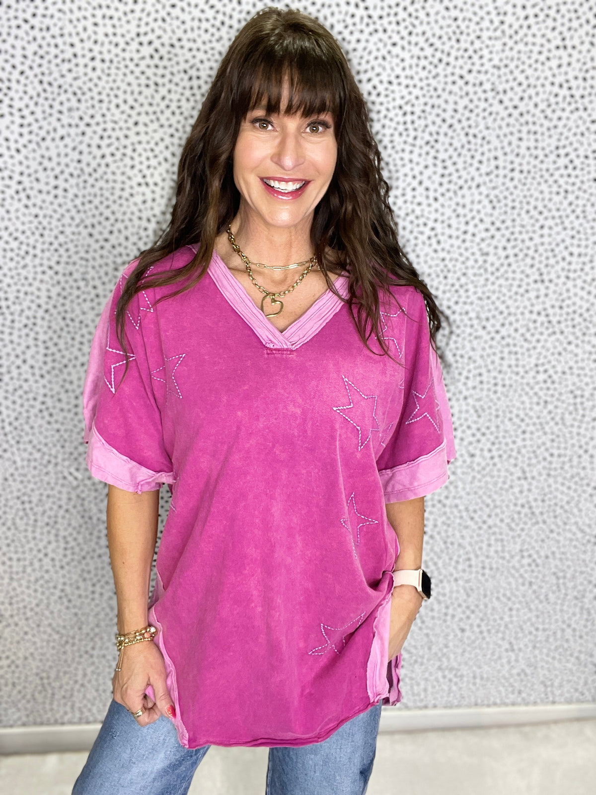 You Make A Wish Mineral Washed V-Neck Star Stitch Tunic In 2 Colors *Final Sale*