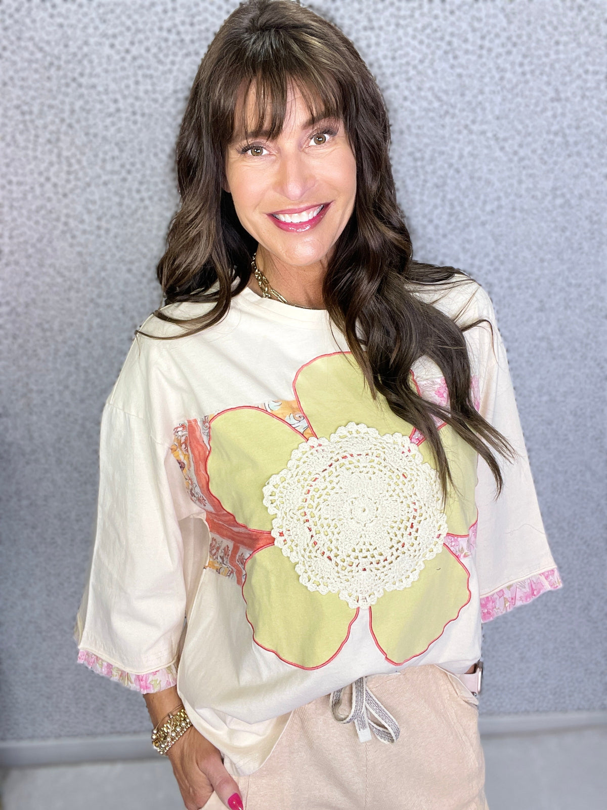 Patchwork Petal Half Sleeve Knit Top In 3 Colors