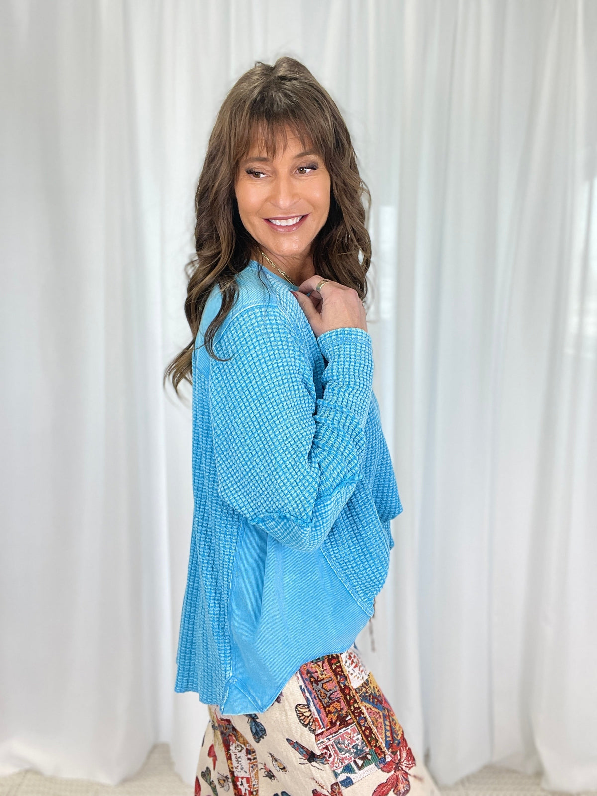 Easy Days Waffle Knit Top In Blue