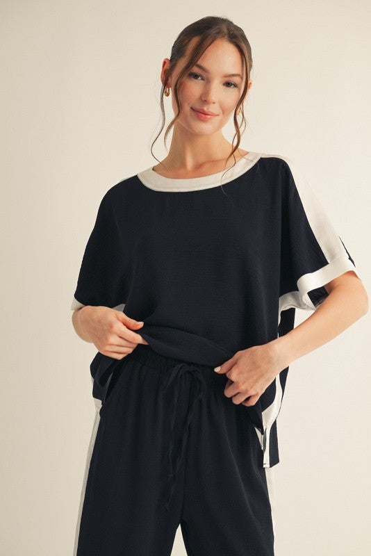 Solid Stripes Edge Dolman Sleeves Top In Black