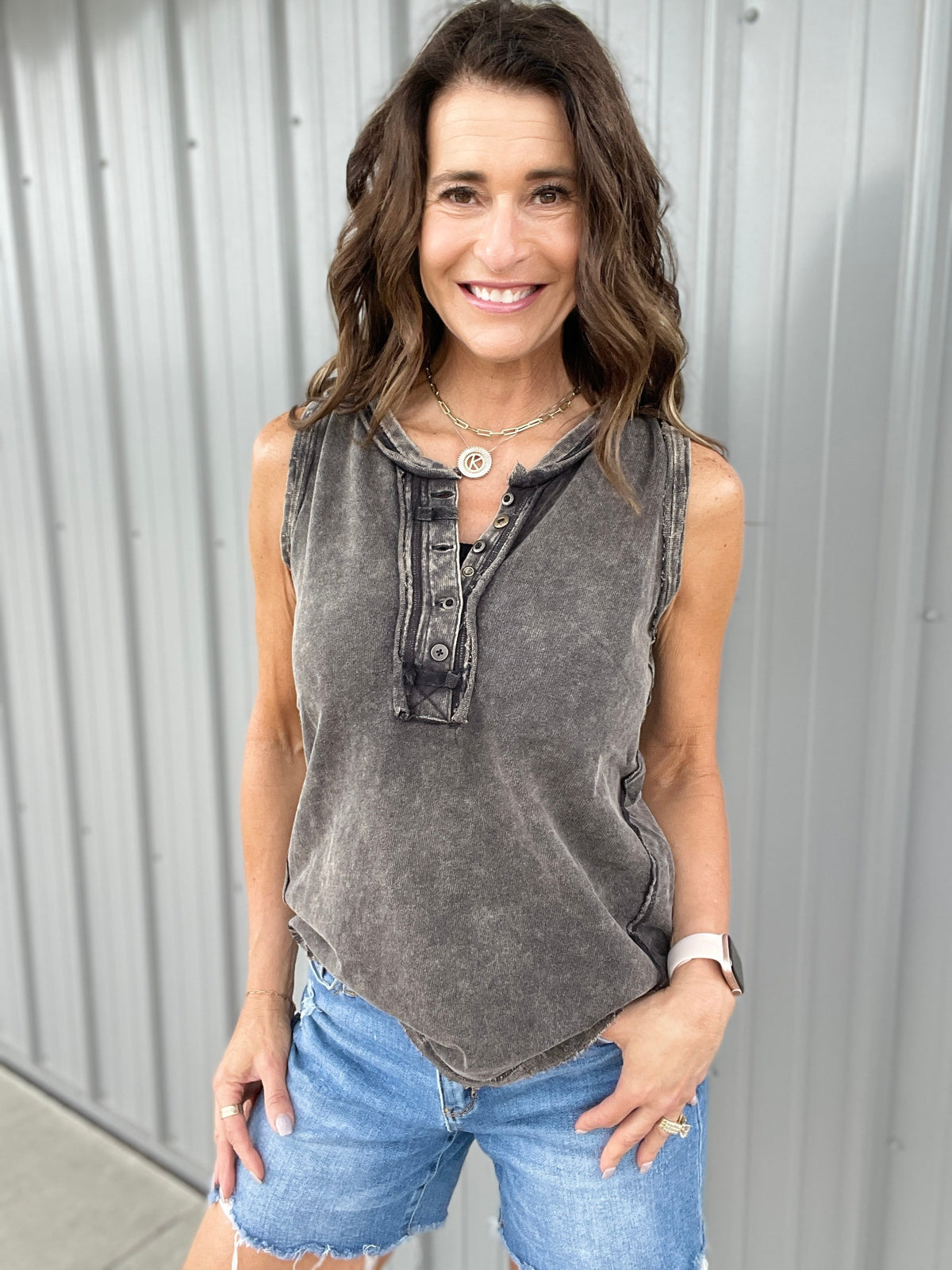 Summer Time Slip Away Sleeveless Henley Raw Edge Top In 8 Colors *Final Sale*