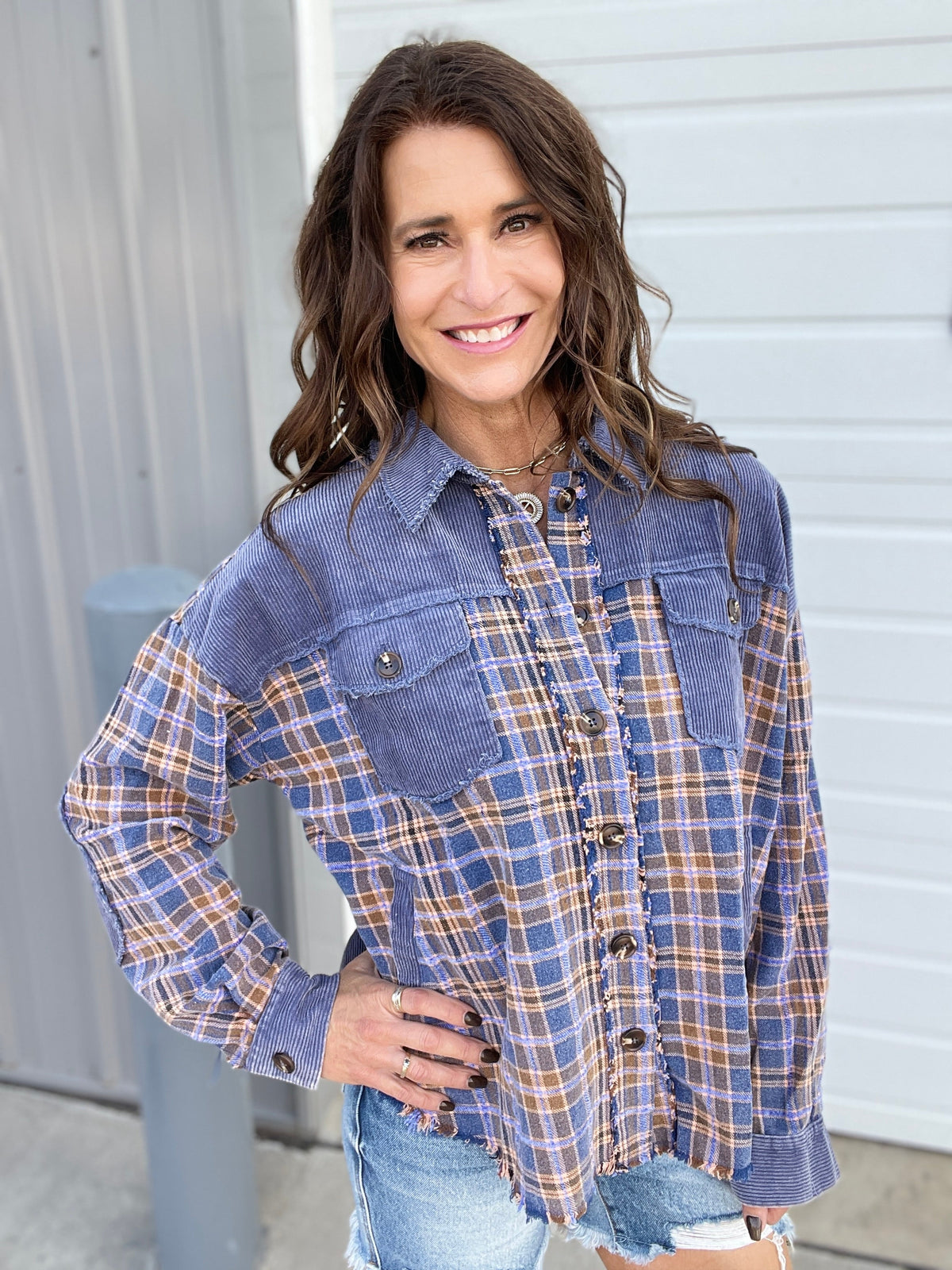 Return To Grace Plaid Mix Corduroy Shacket