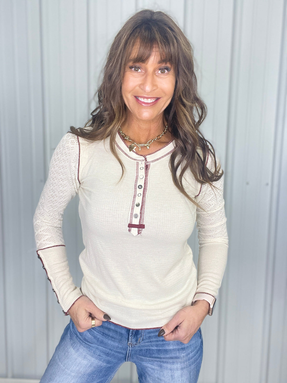 Pol Rustic Lace Henley in 2 Colors