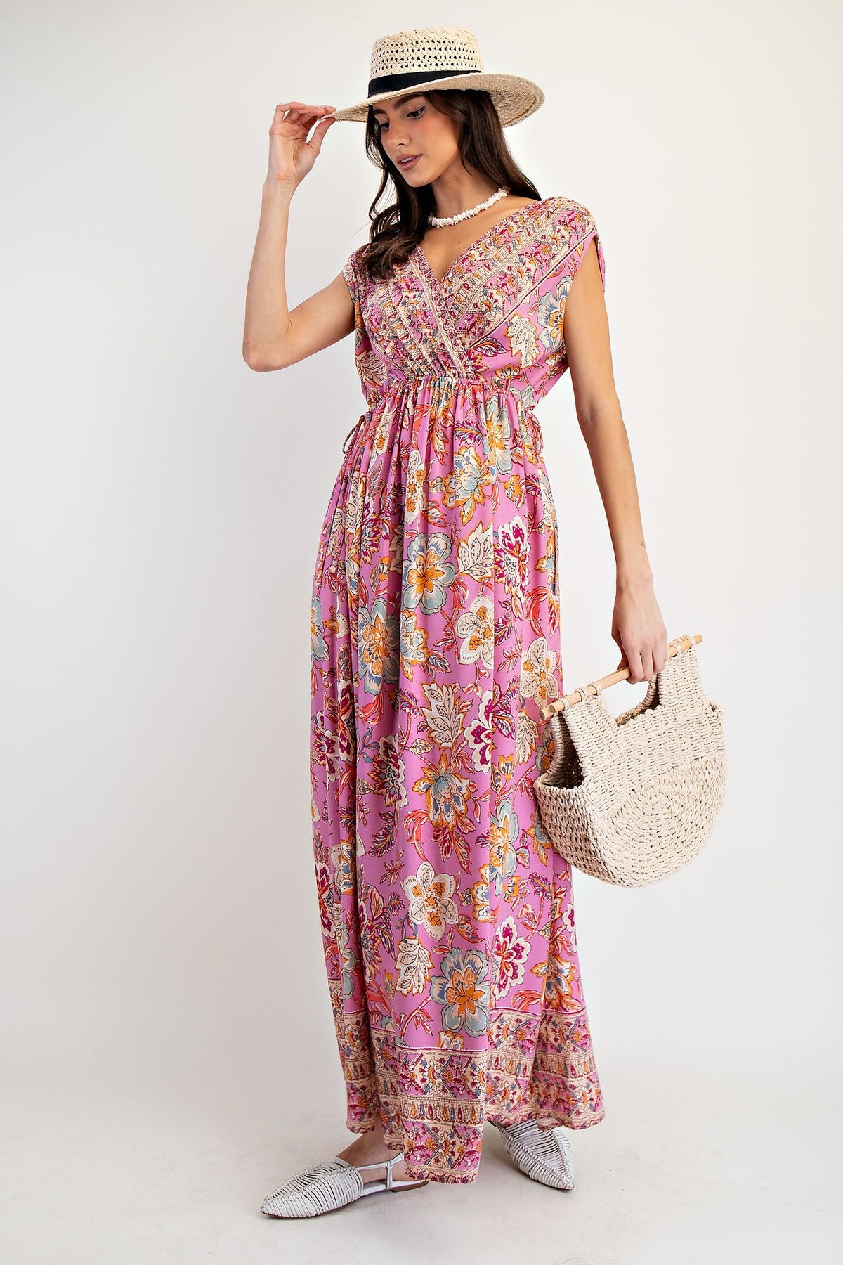 Tassel Breeze Sleeveless Corder Printed Challis Maxi Dress In 2 Colors *Final Sale*