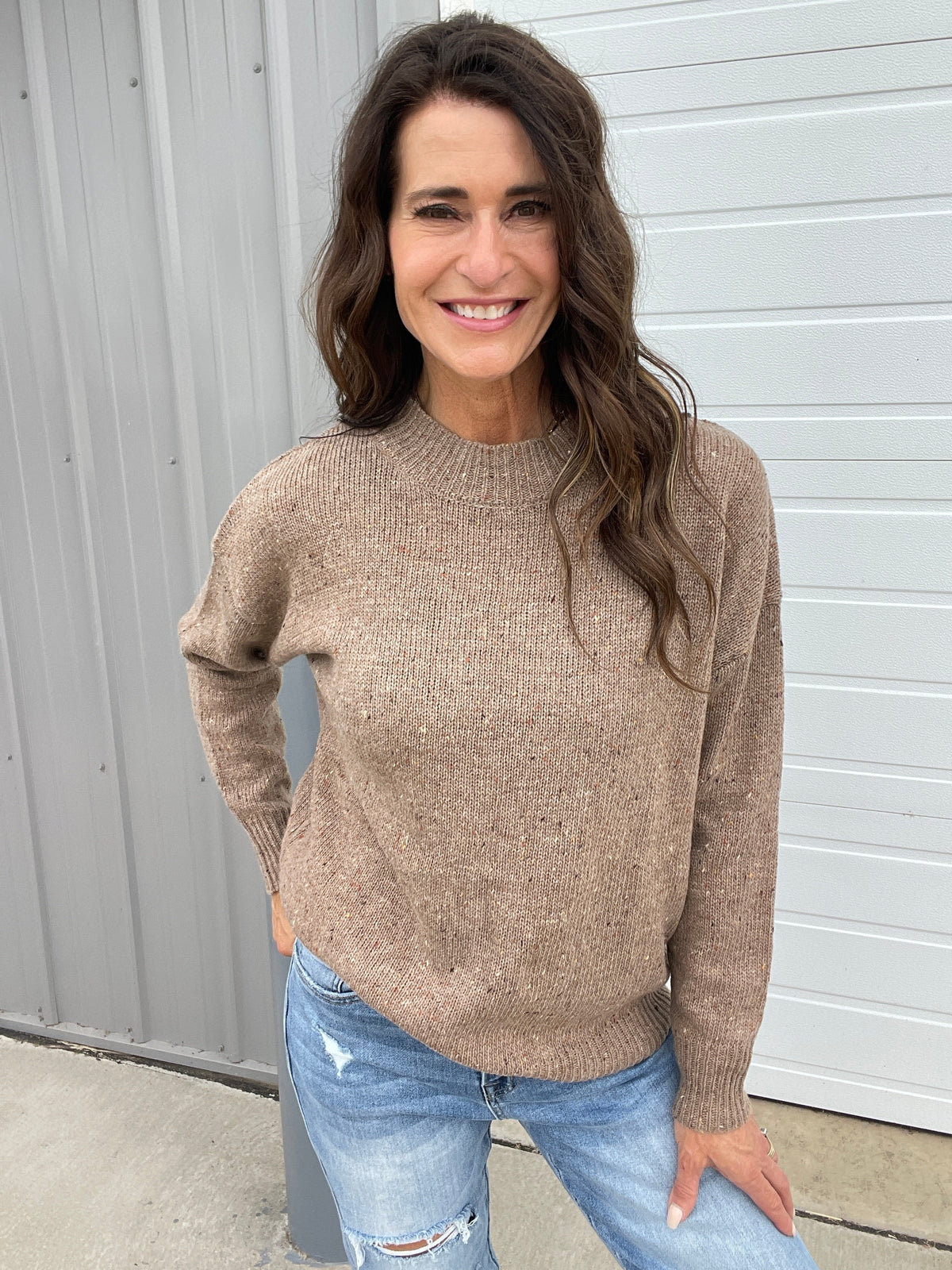 Give In Long Sleeve Speckled Sweater In 2 Colors: Oatmeal, Brown