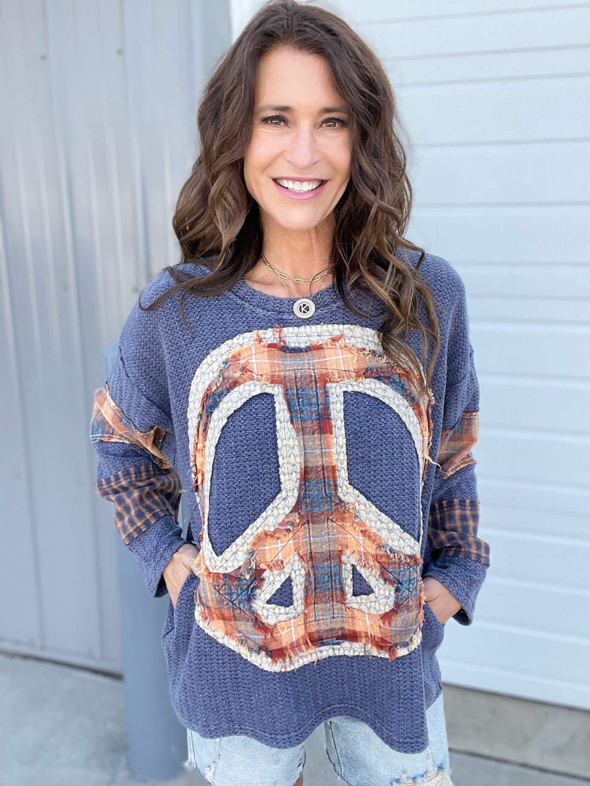 Oli & Hali Nothing But Peace Plaid Mix Long Sleeve Top In 2 Colors: Navy, Creme *Final Sale*