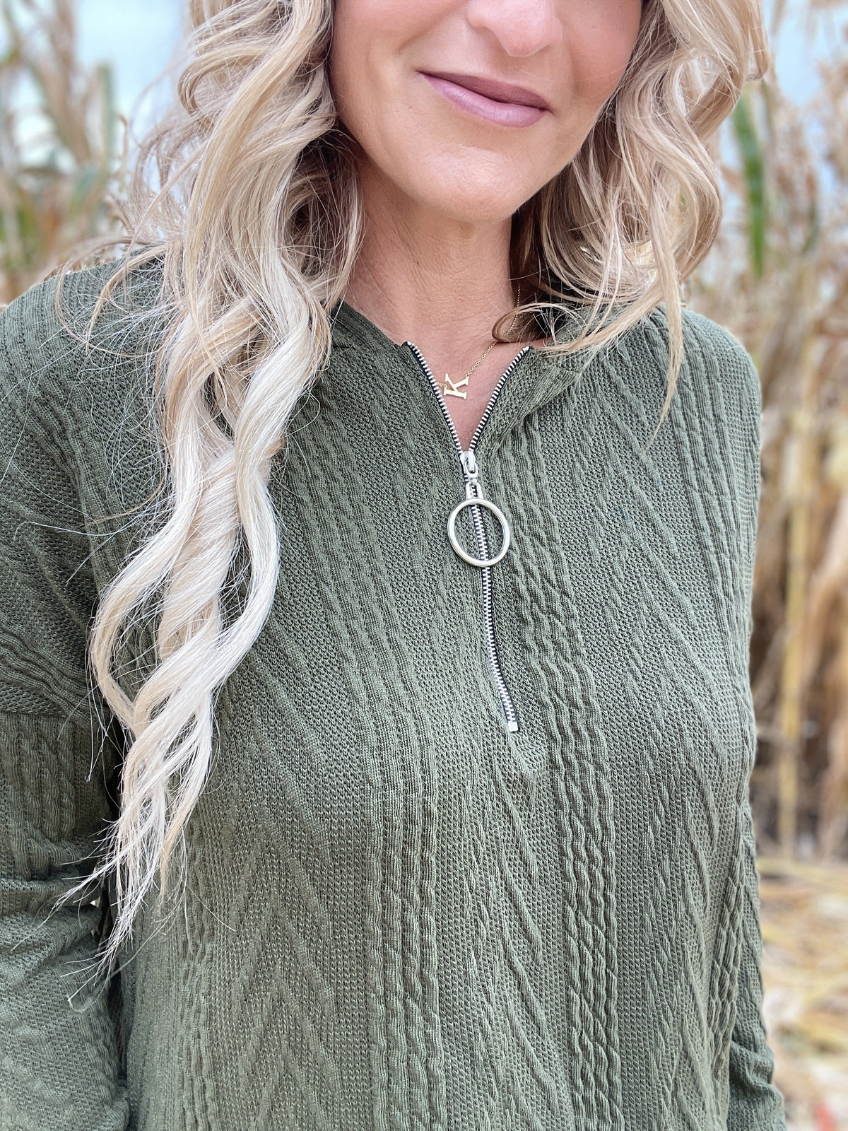 Evergreen And Ivy Textured Quarter Zip Hoodie Top *Final Sale*