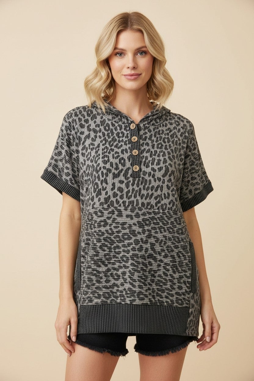 Short Sleeve Animal And Solid Contrast Hooded Top In 2 Colors *Final Sale*