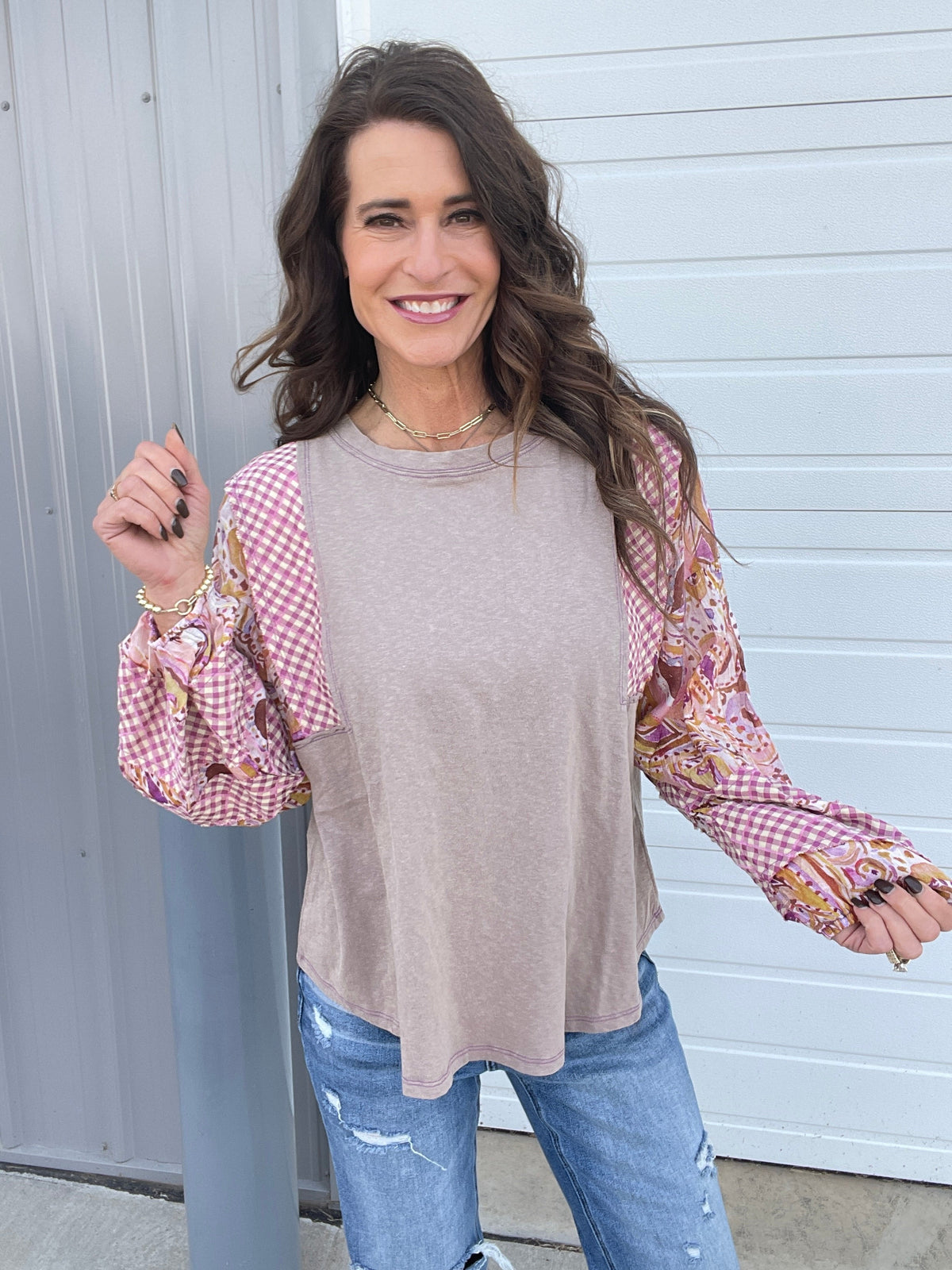 Show Me Around Mix Print Top In 5 Colors: Grey, Khaki, Camel, Olive, Mushroom *Final Sale*
