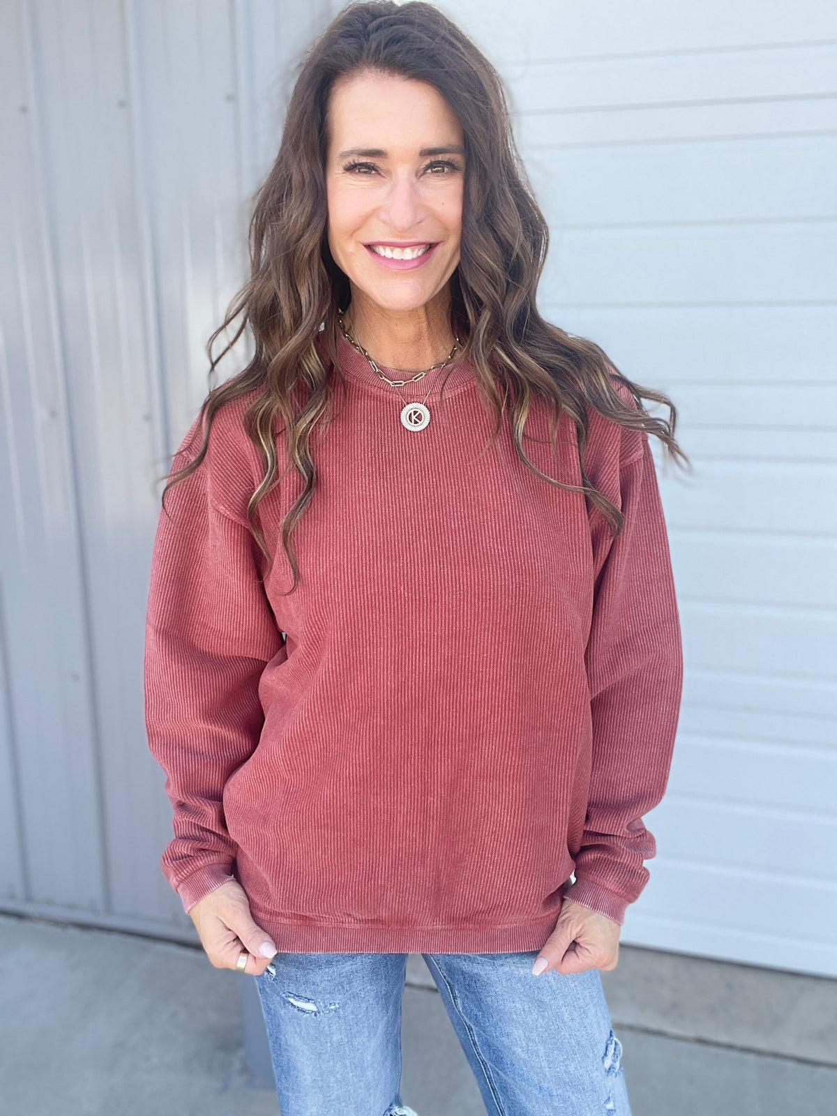 Fired Brick Snow Washed Corded Crewneck Pullover Sweatshirt