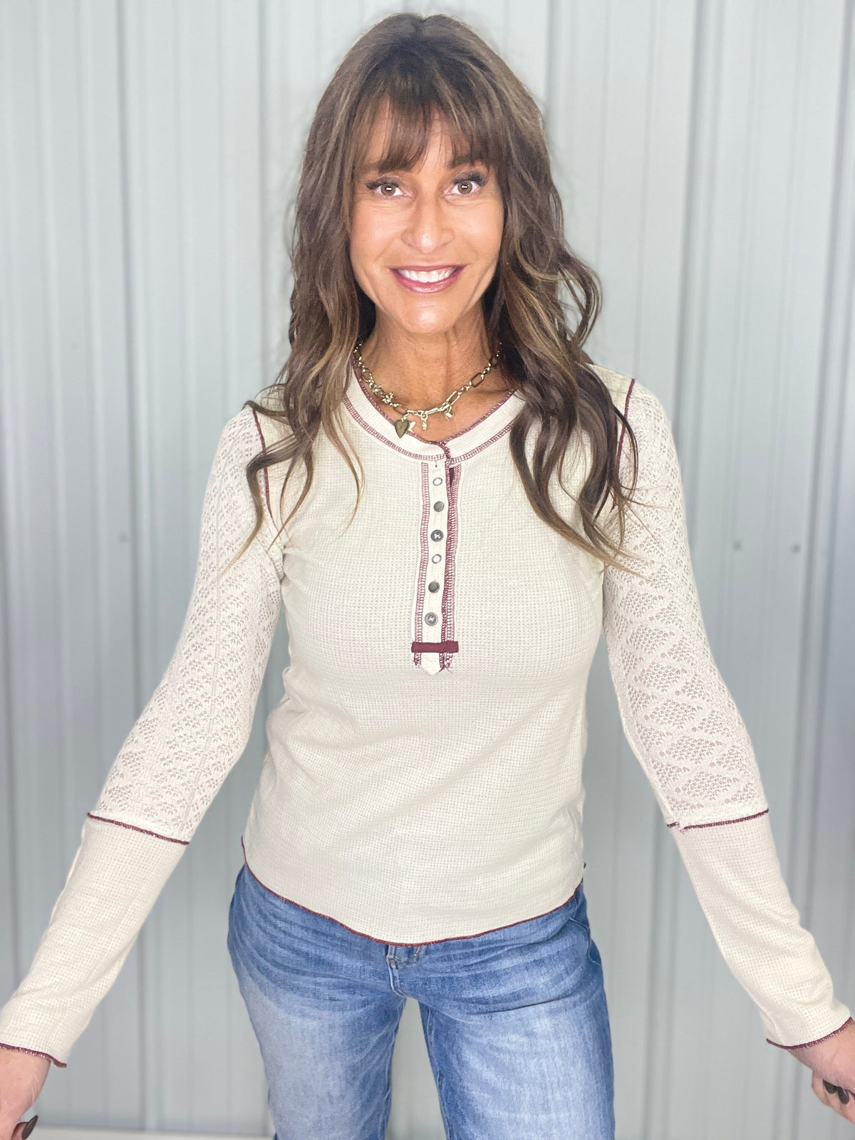 Pol Rustic Lace Henley in 2 Colors