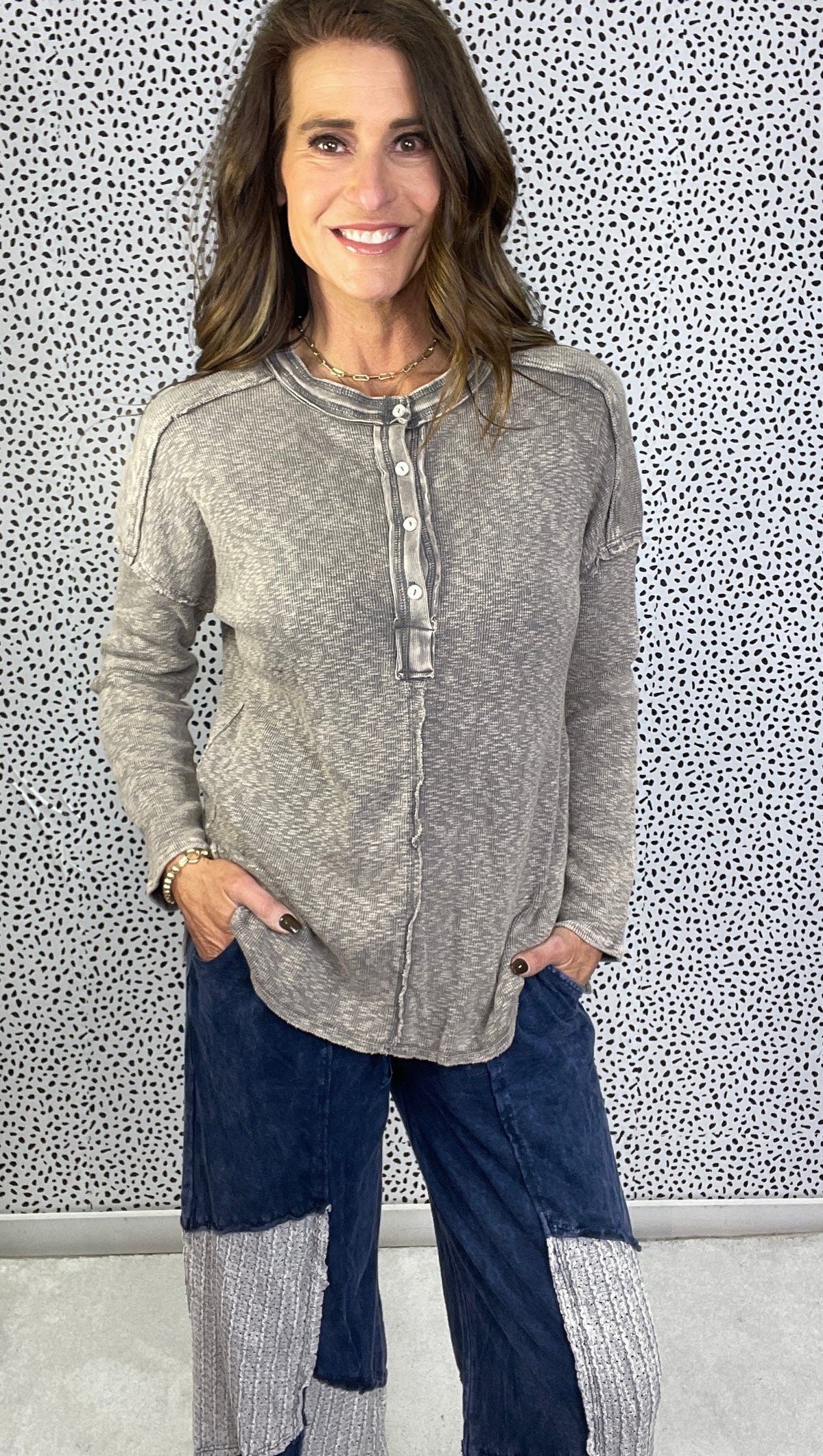 Never Lost Long Sleeve Henley Top In Heathered Charcoal *Final Sale*