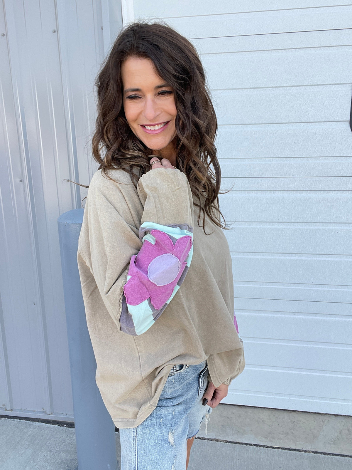 Faded Floral Patch Terry Knit Mineral Washed Long Sleeve Pullover in 4 Colors