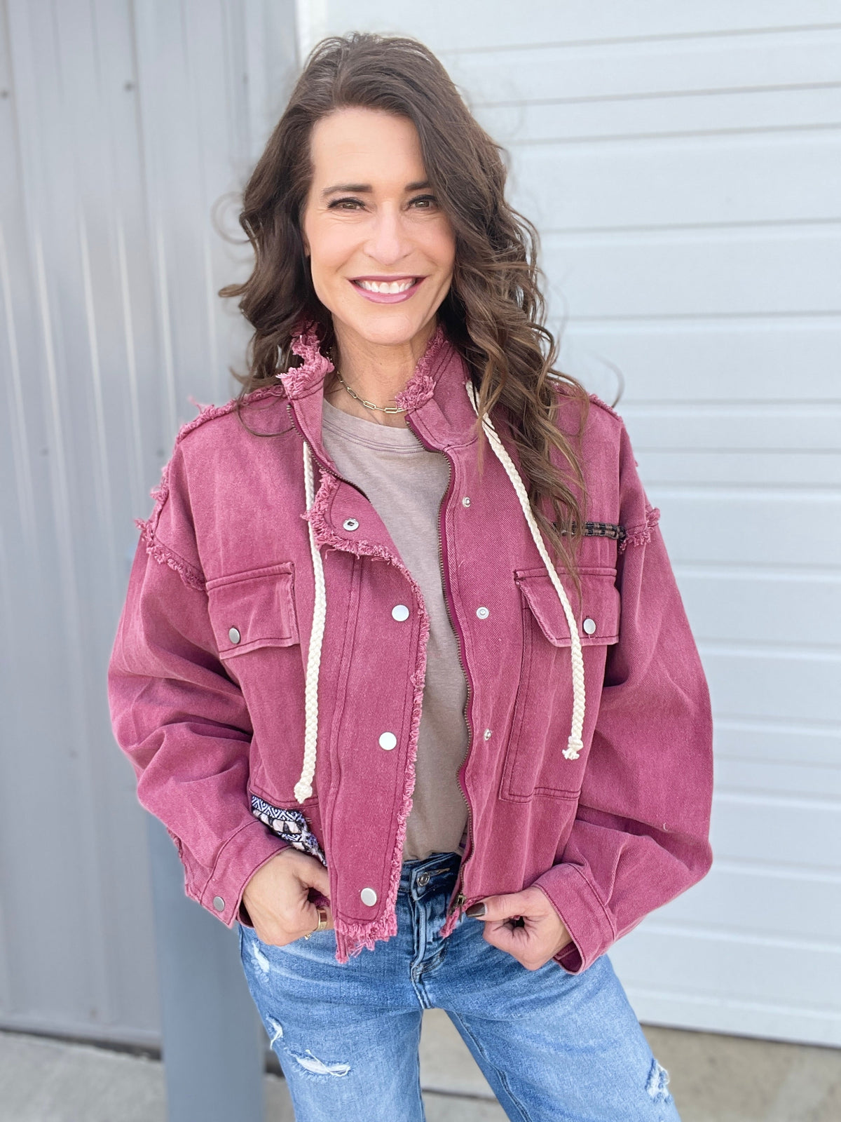 POL Be The One High Neck Twill Jacket In Burgundy *Final Sale*