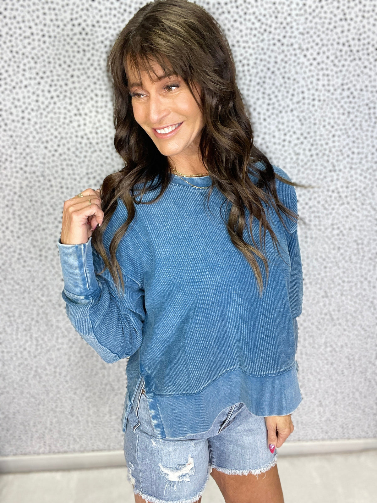 Snow Washed Mom Crop Corded Crewneck Pullover Sweatshirt in 5 Colors