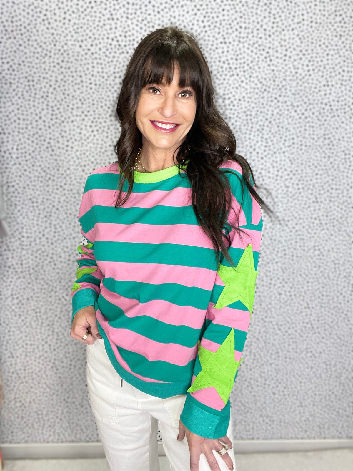 Wanna Be My Star Stripe With Star Patches Round Neck Pullover
