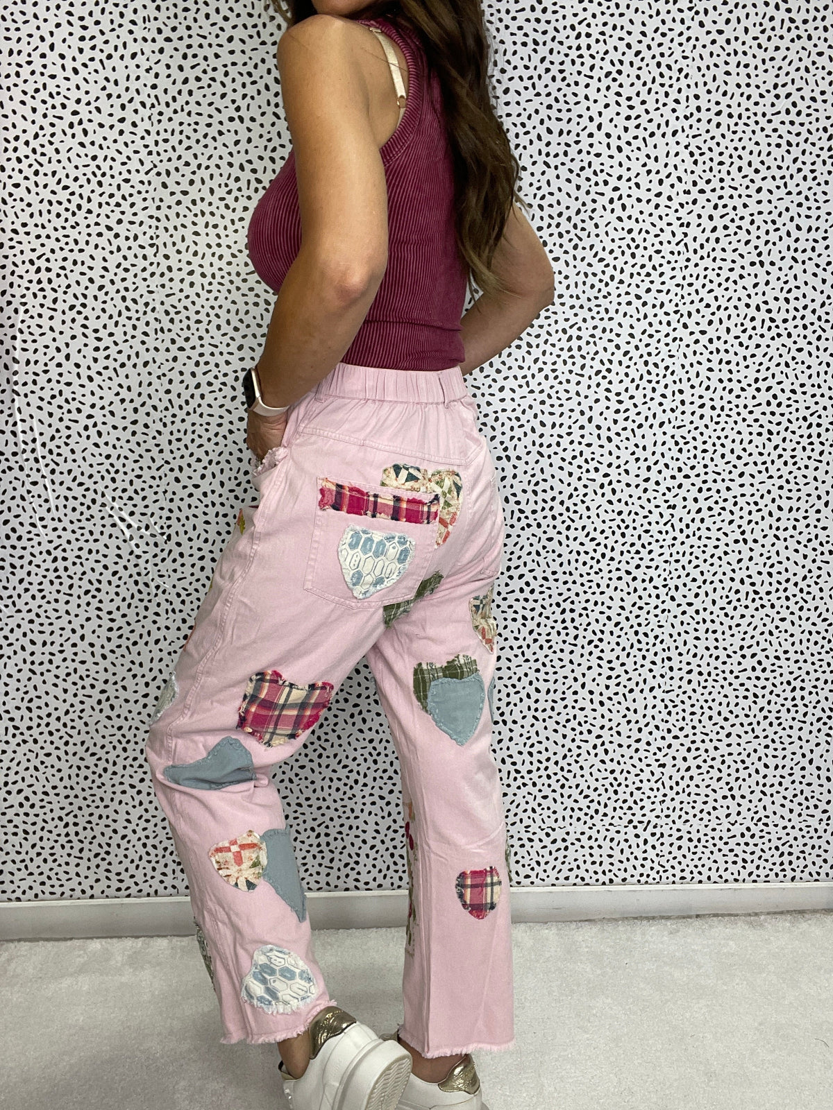 Multi Hearts Patch Work Pants In 2 Colors