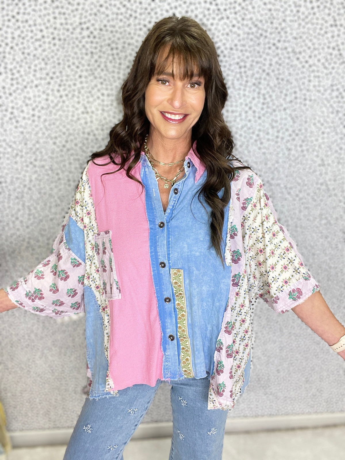 Days Come And Go Multi Contrast Button Down Oversize Top in Denim *Final Sale*