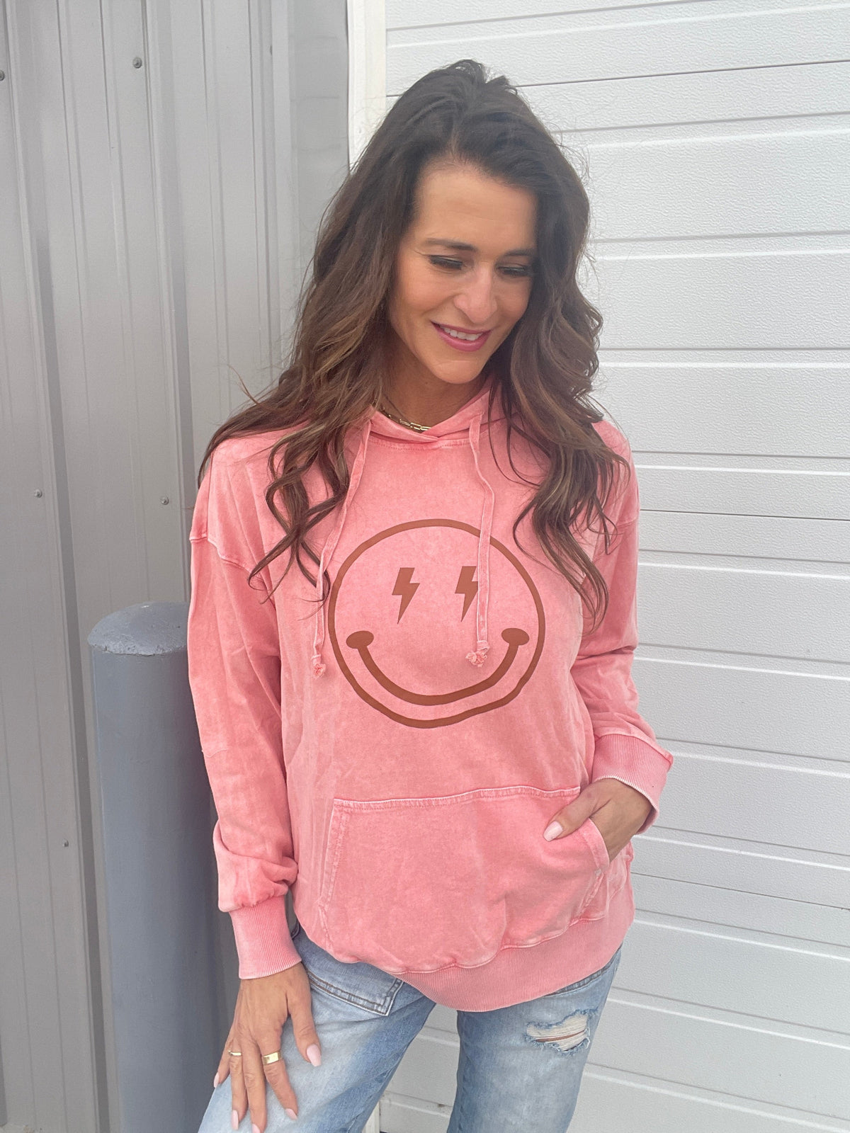 Happy All Around Mineral Washed Hoodie In 4 Colors: Camel, Coral, Smoke, Blue *Final Sale*