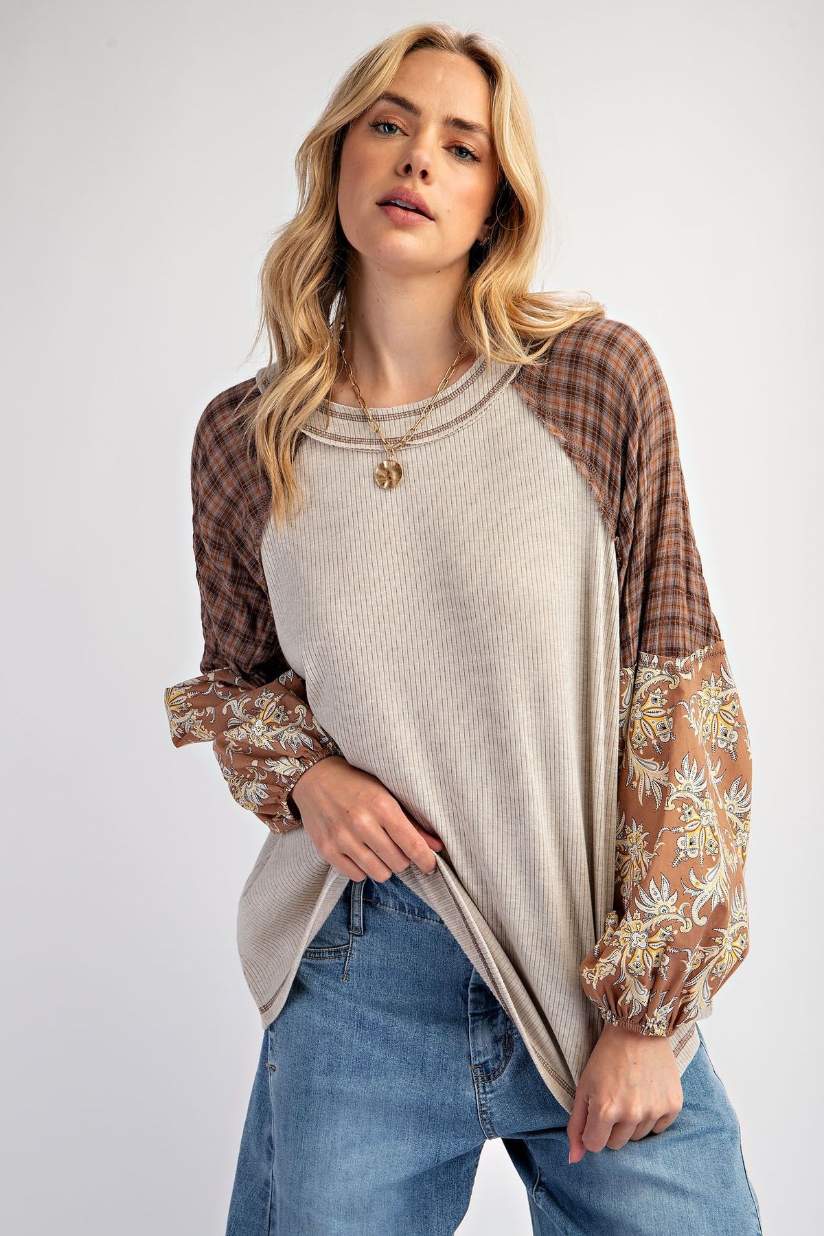 Mix It All Up Rib Knit Print Top In Stone *Final Sale*