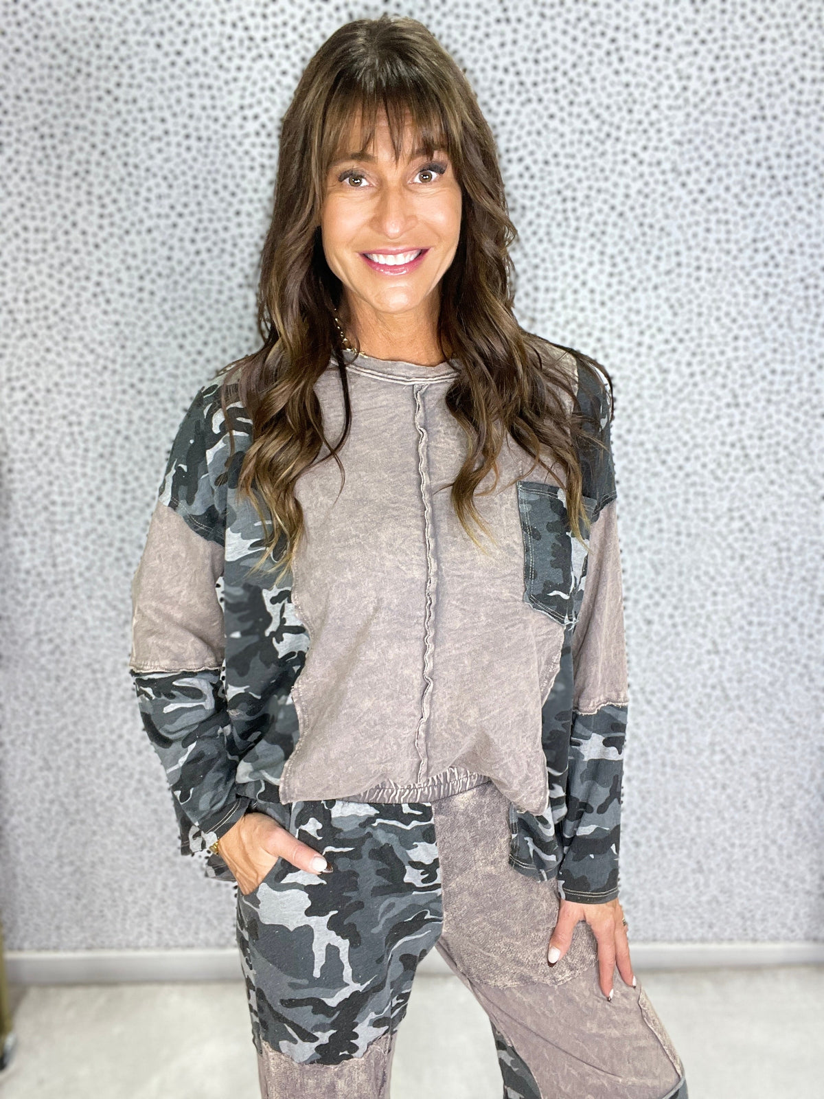 Street Scout Camouflage Block Patch Top In Charcoal *Final Sale*