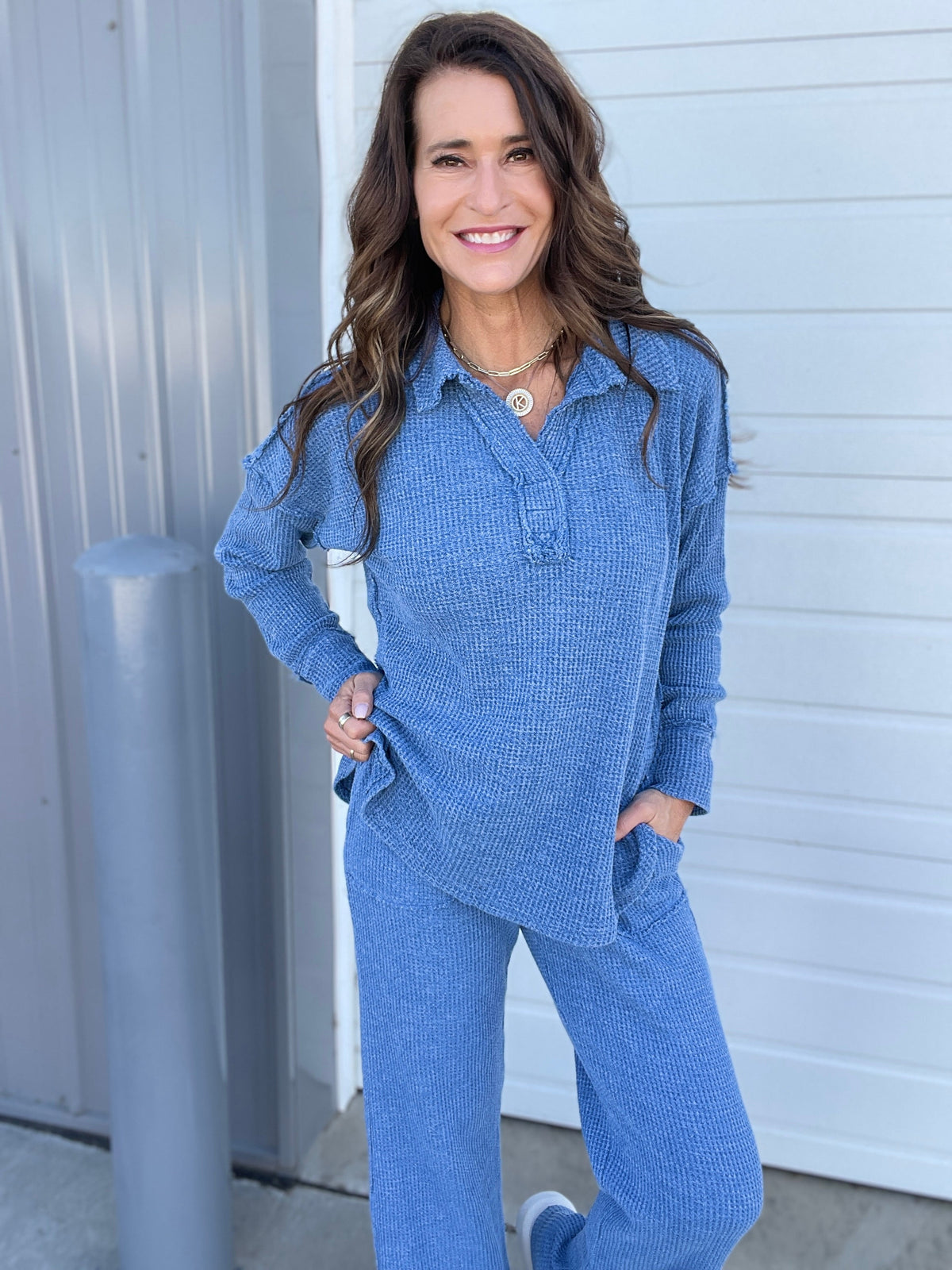 On To The Weekend Cotton Waffle Knit Top In 3 Colors: Black, Brown, Blue