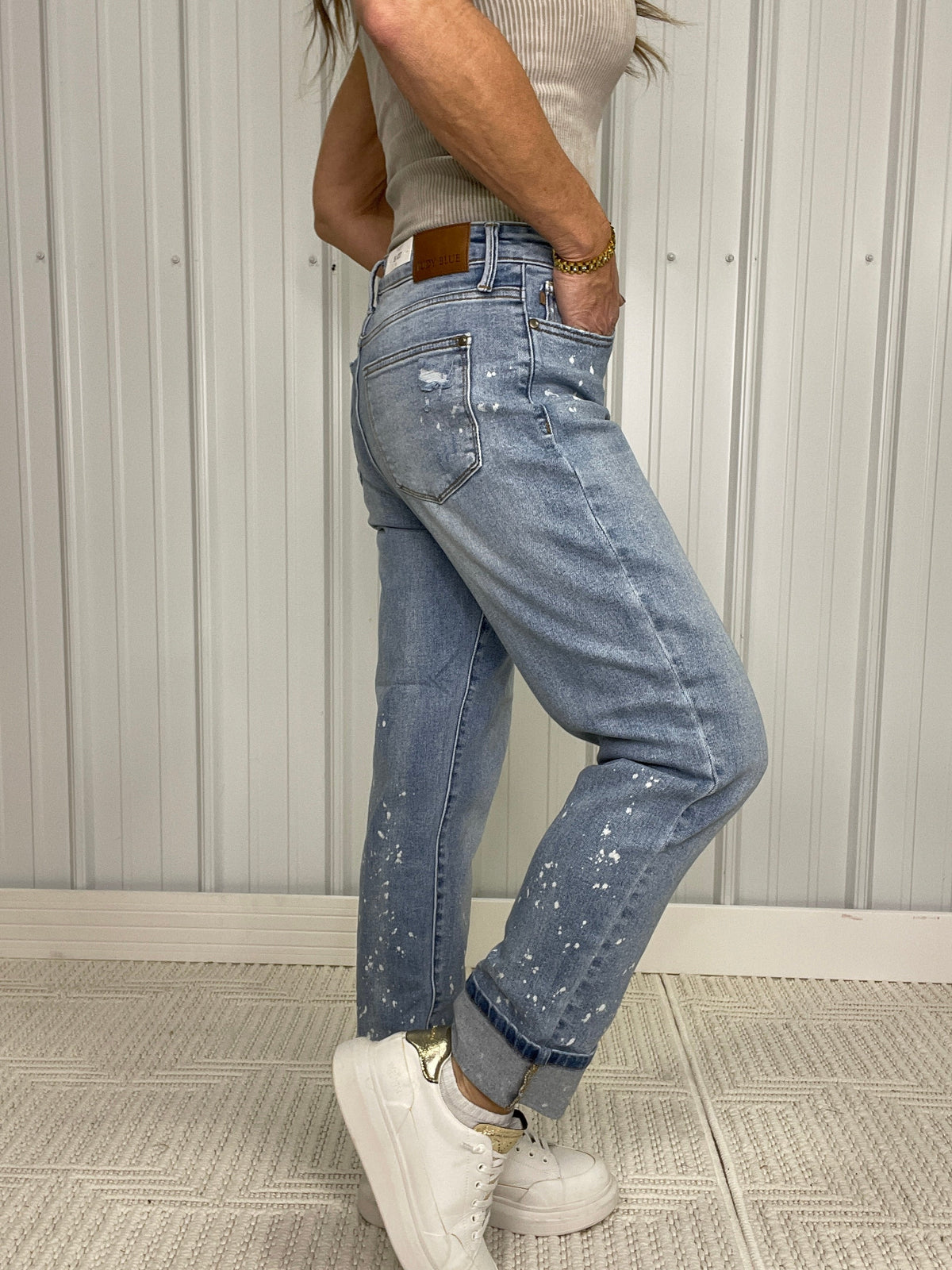 Judy Blue Victoria Bleach Splatter Single Cuff & Destroy Boyfriend Jeans 519 In Medium