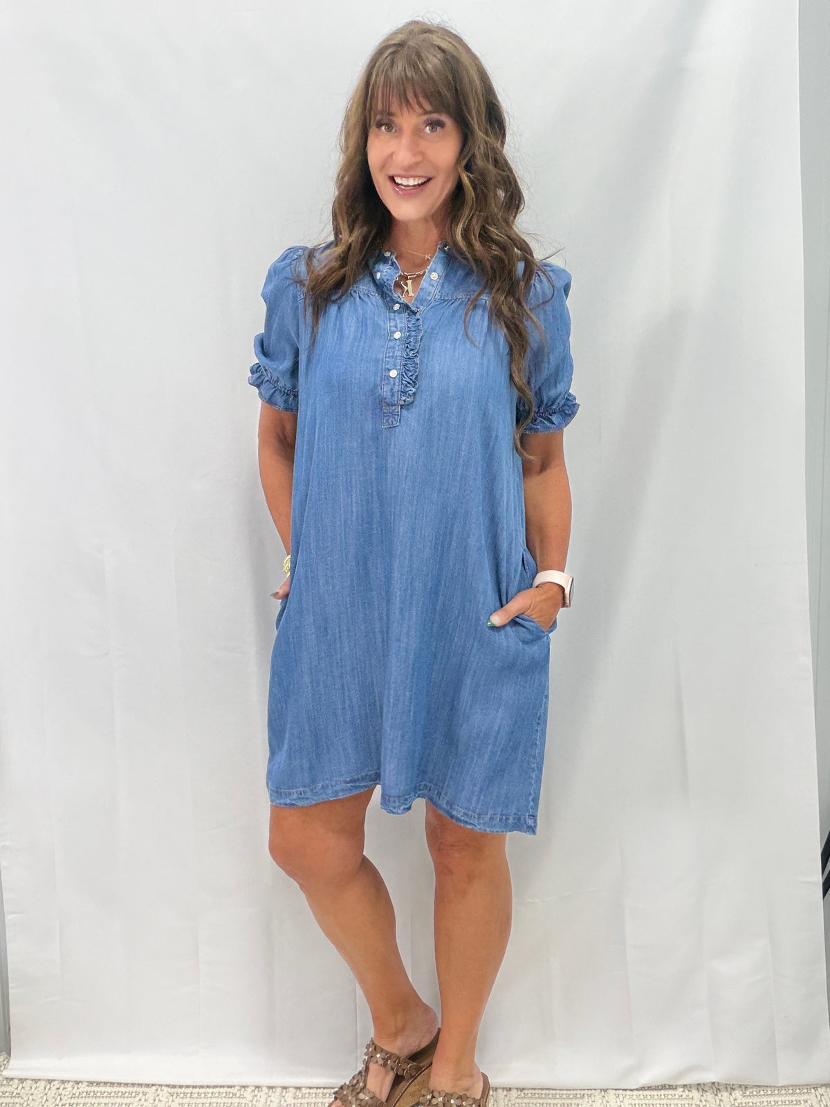 Button Front Washed Denim Dress In 2 Colors