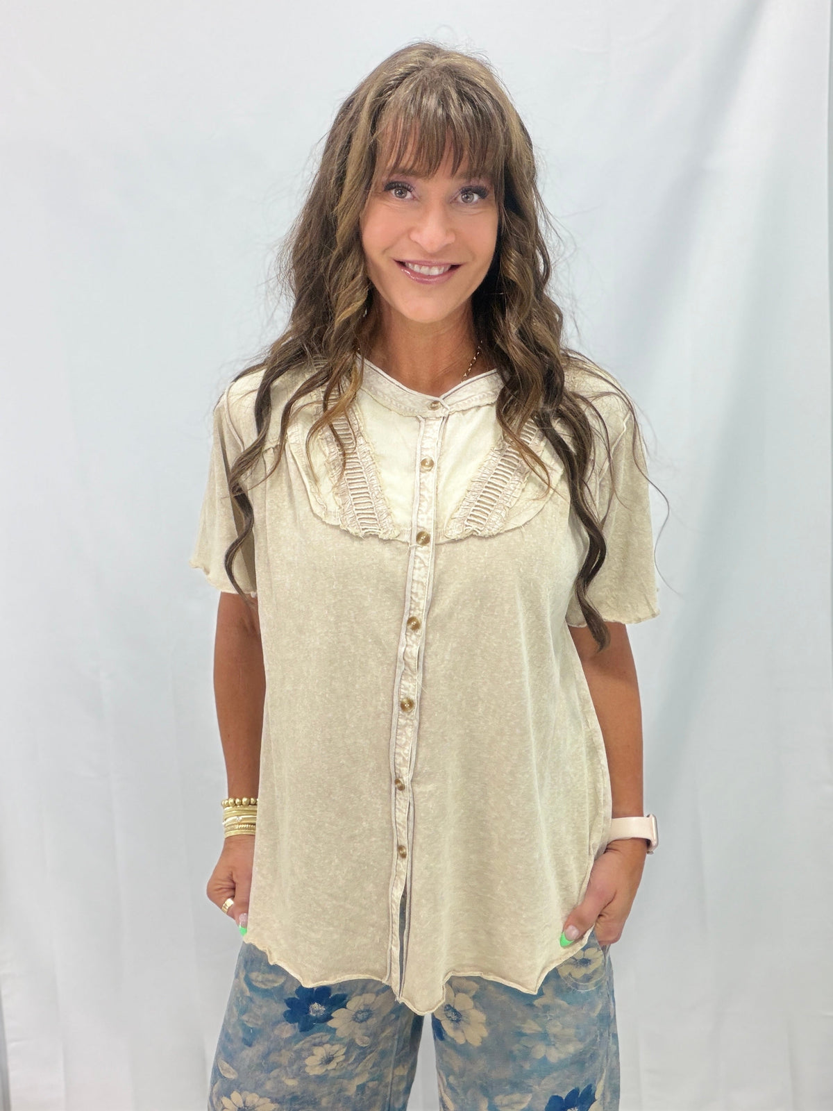 Vintage Charm Button Down Mineral Washed Top In 2 Colors