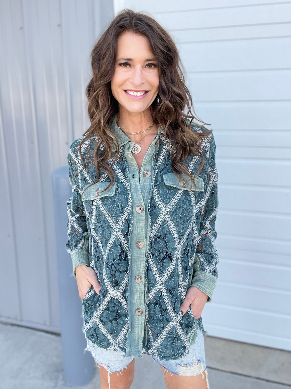 Oli & Hali Layer It Up Mineral Washed Button Up Top In Green *Final Sale*