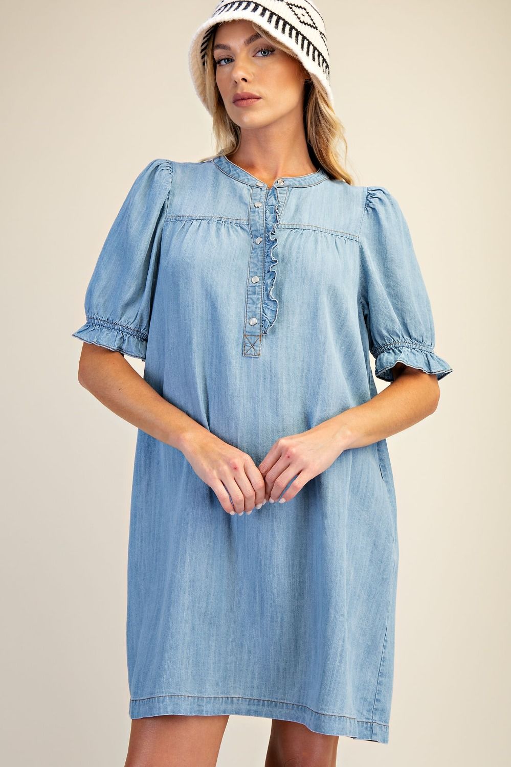 Button Front Washed Denim Dress In 2 Colors
