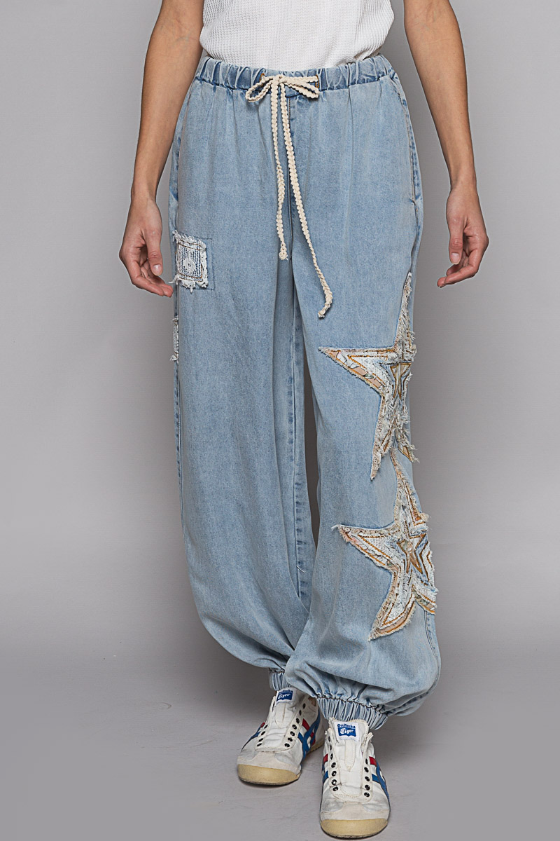POL Wishing Star Mixed Patches Jogger Pants In 2 Colors *Final Sale*