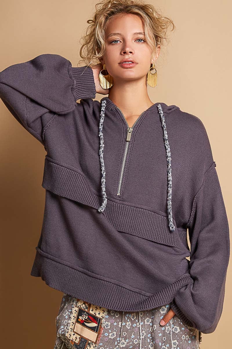 POL Here We Are Half Zip Hooded Sweater Top In 3 Colors *Final Sale*