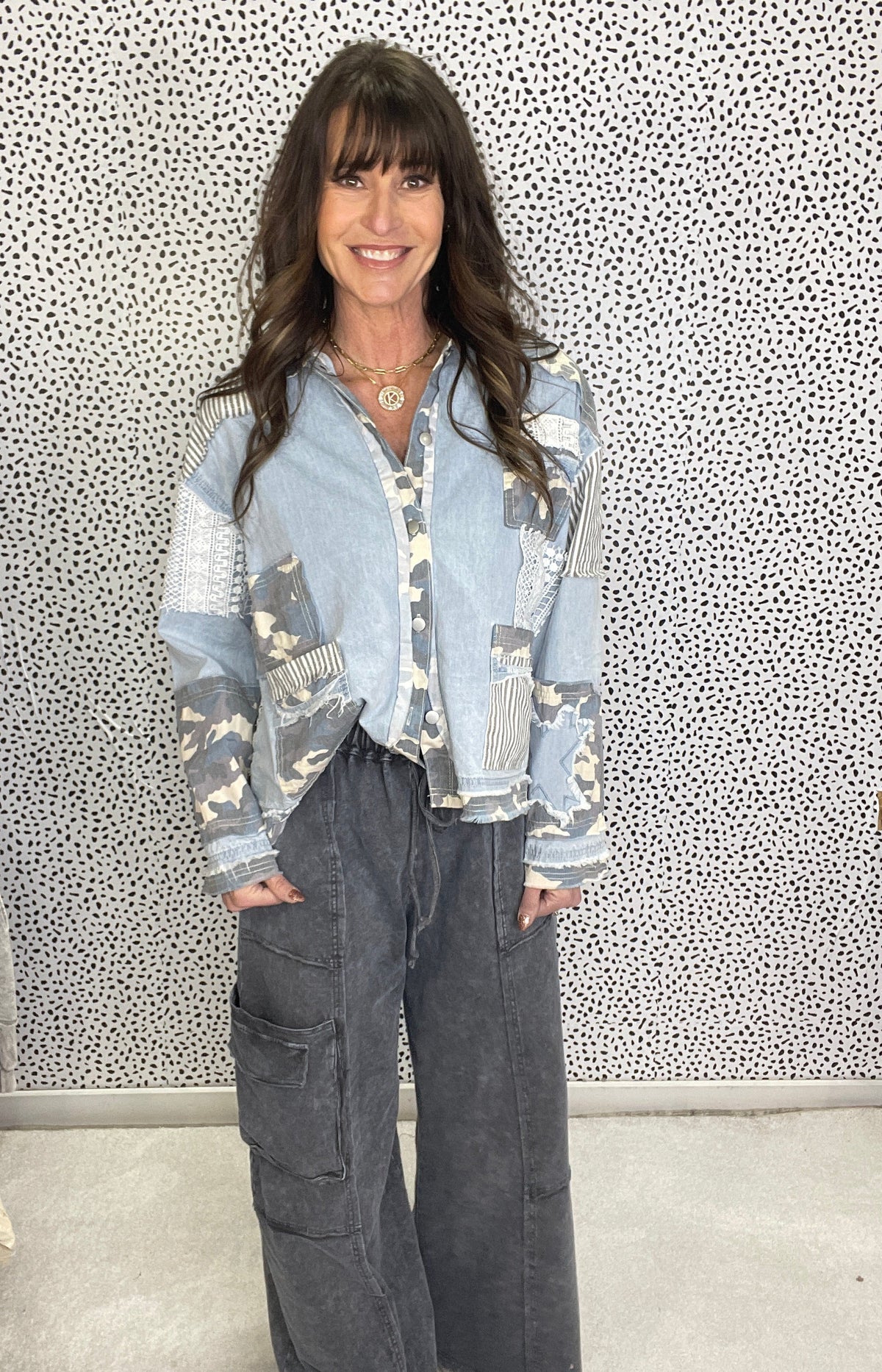 POL In Plain Sight Camo Contrast Lightweight Shirt Jacket In Denim