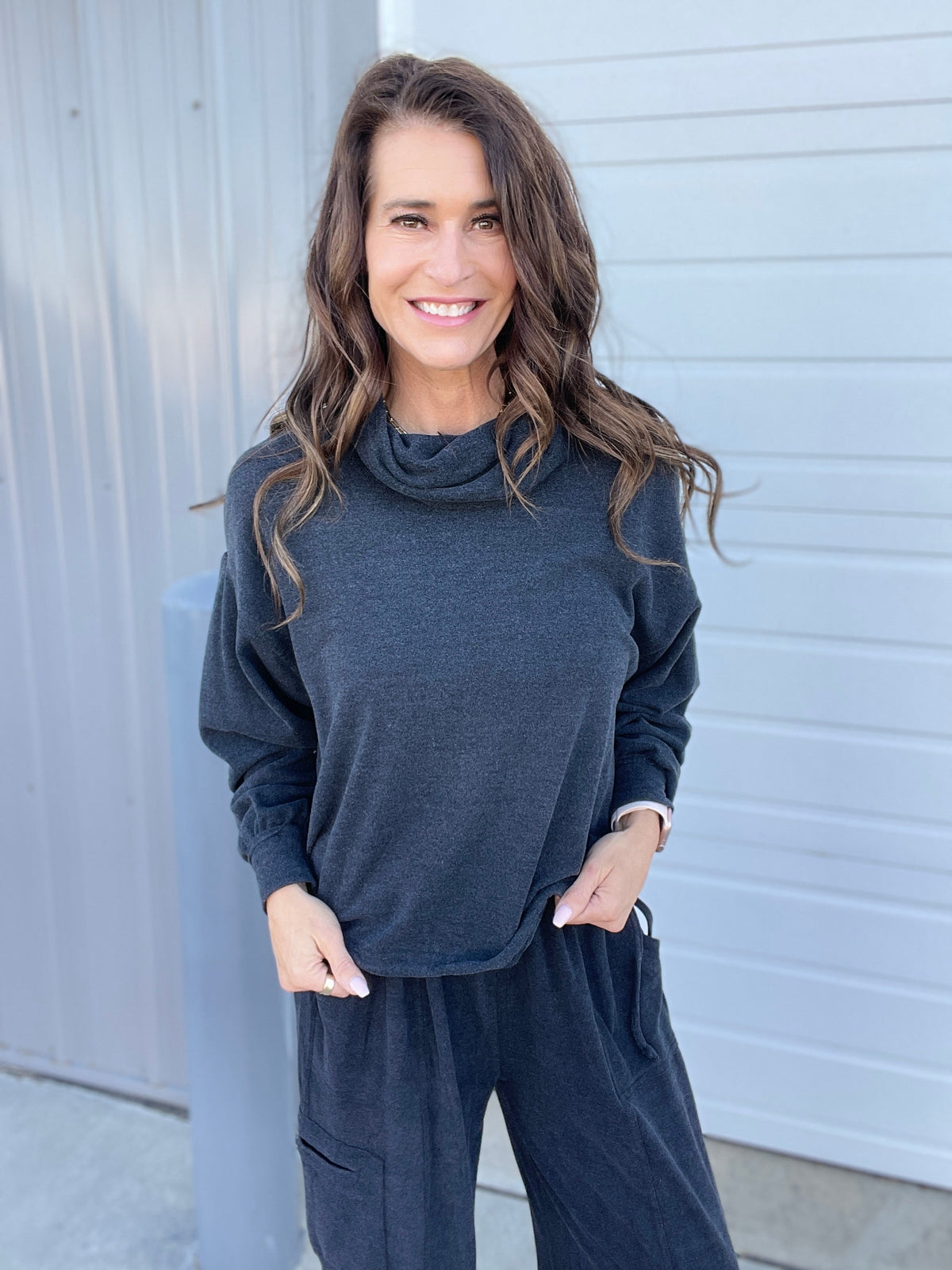 Moving On Brushed Hacci Top In 3 Colors: Charcoal, Cinnamon, Teal *Final Sale*