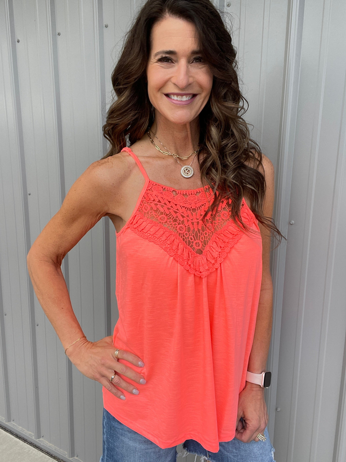 Summer Escape Lace Front Adjustable Strap Tank Top In 4 Colors: Coral Pink, Oatmeal, Violet