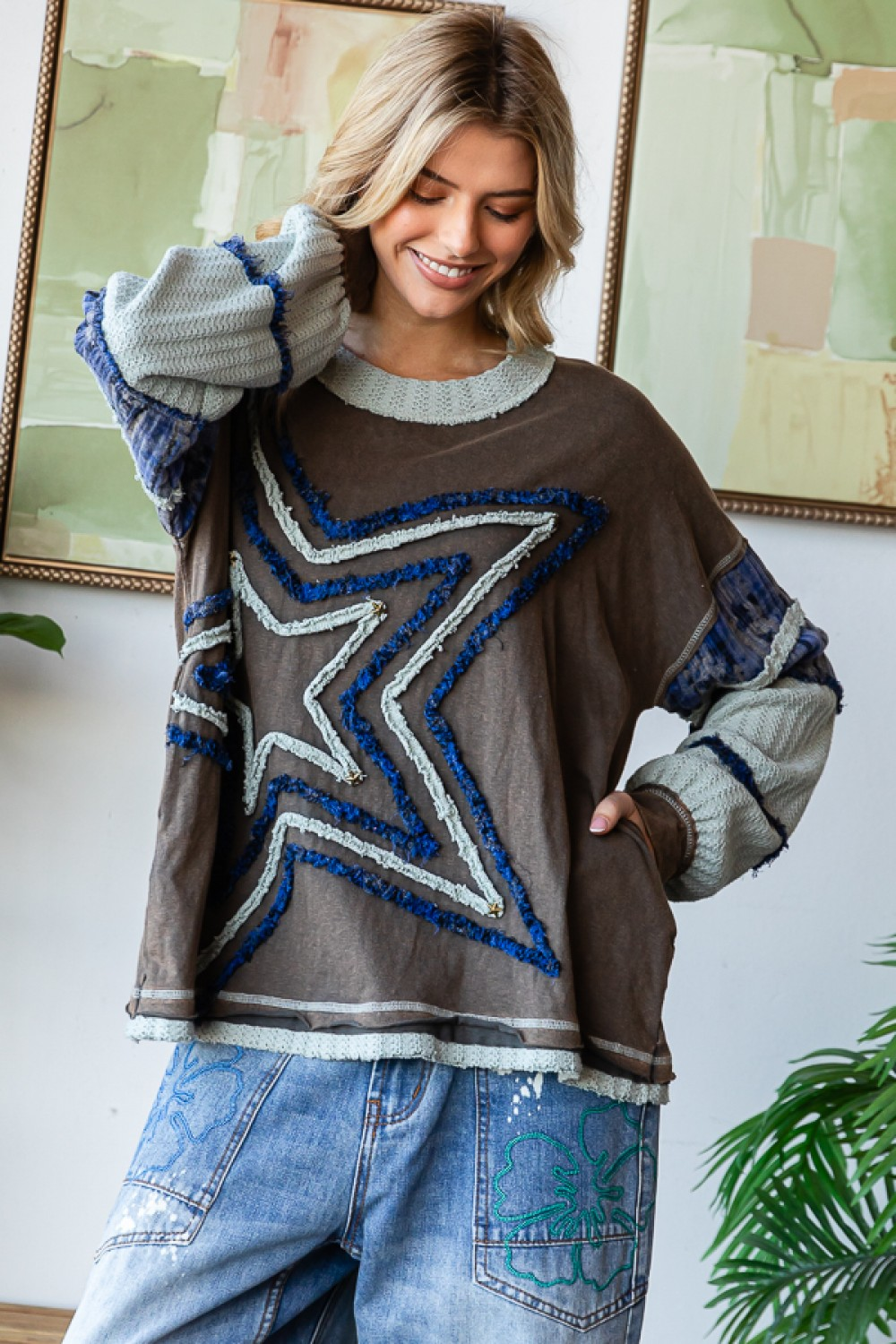 Oli & Hali In The Stars Long Sleeve Star Patched Top In Charcoal *Final Sale*