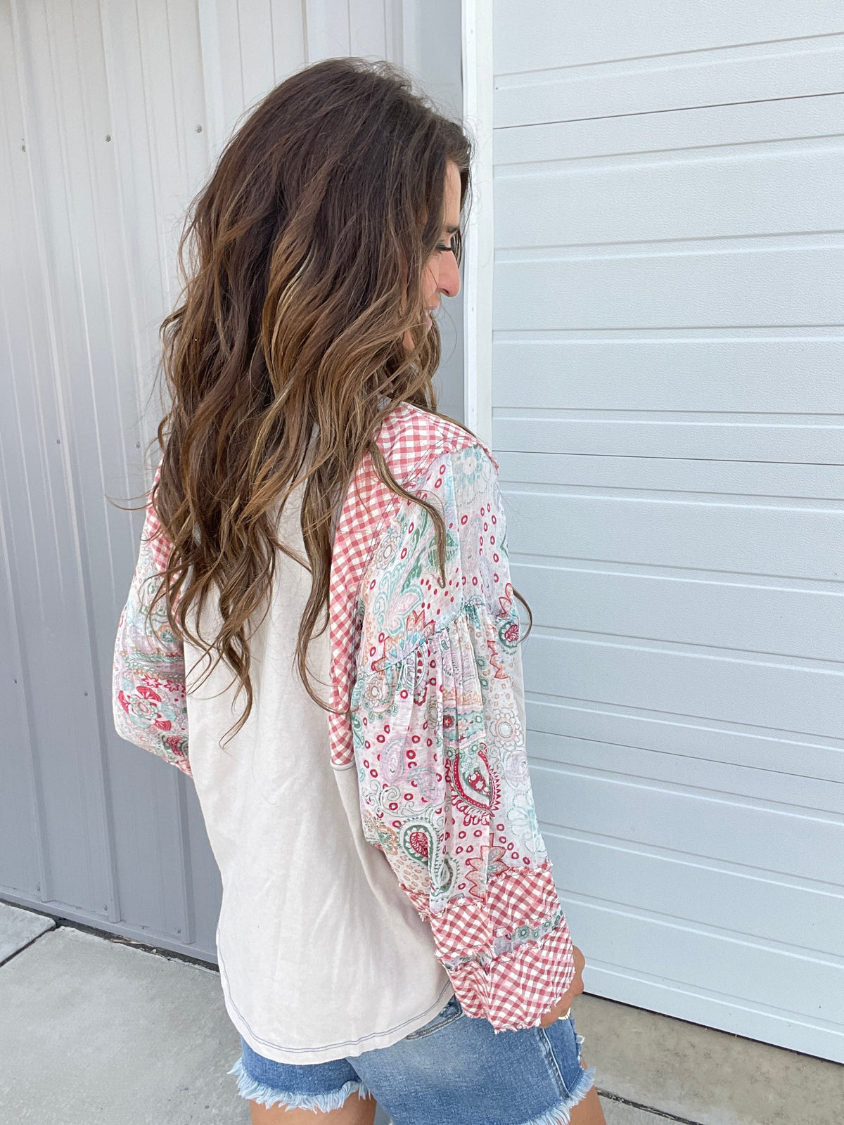 Show Me Around Mix Print Top In 5 Colors: Grey, Khaki, Camel, Olive, Mushroom *Final Sale*