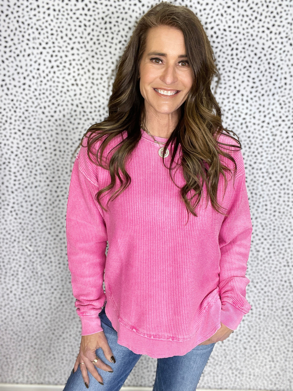 Round Bottom Hem Snow Washed Corded Crewneck In 5 Colors