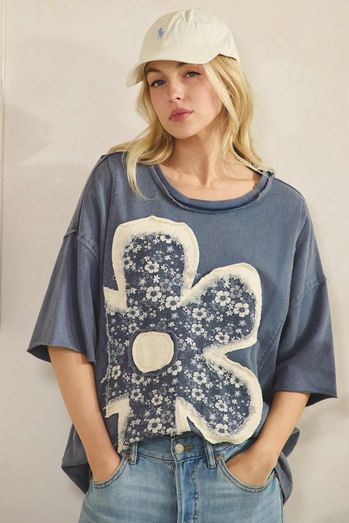 Down For The Chase Floral Patch Top In Denim