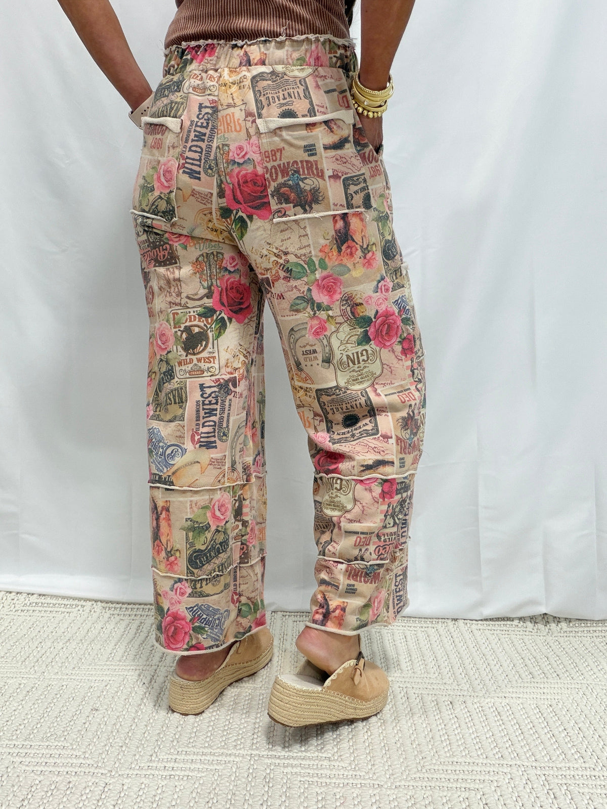 In The Wild West Vintage-Inspired Collage Lounge Pants In Taupe Multi
