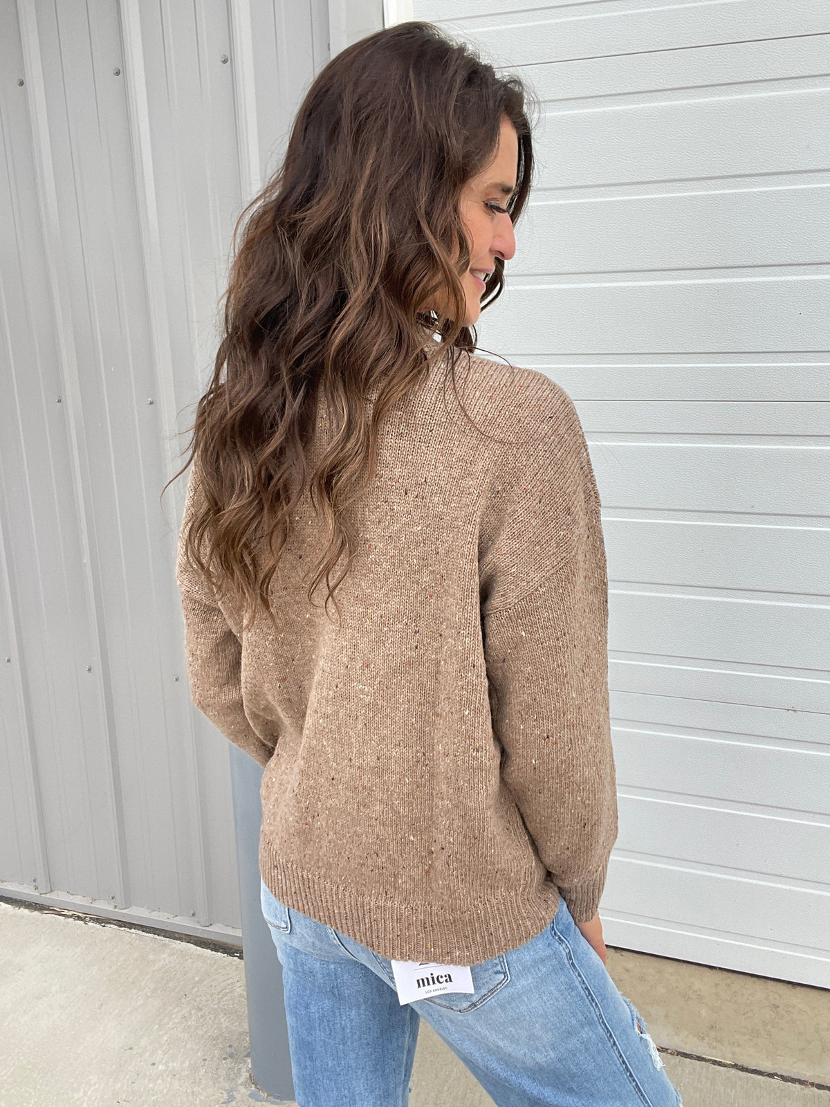 Give In Long Sleeve Speckled Sweater In 2 Colors: Oatmeal, Brown