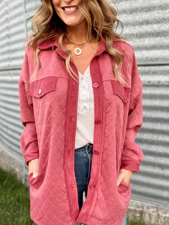All I Need Oversized Quilted Knit Shacket In Marsala *Final Sale*