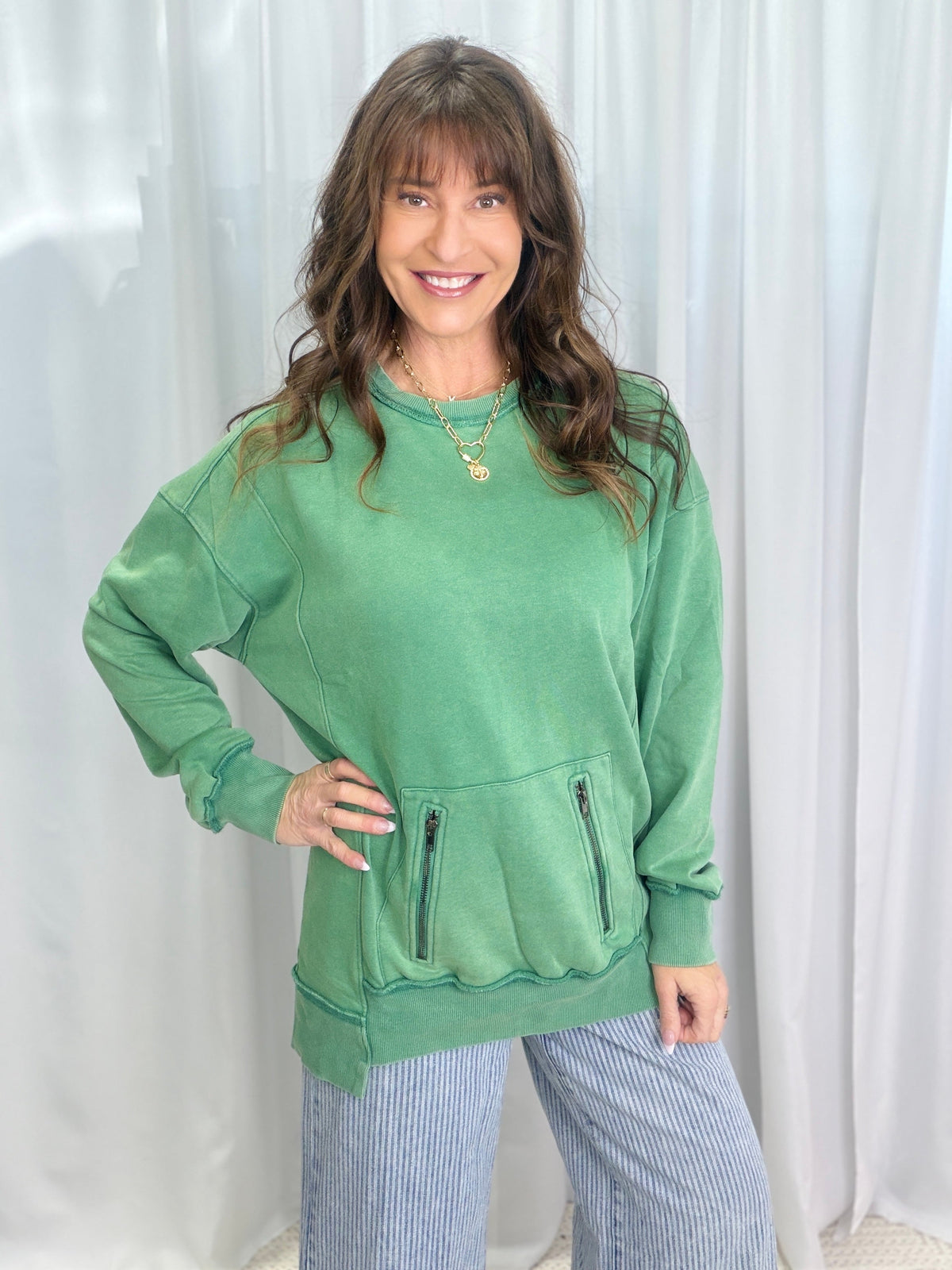Washed Zipper Pocket Crewneck In 2 Colors