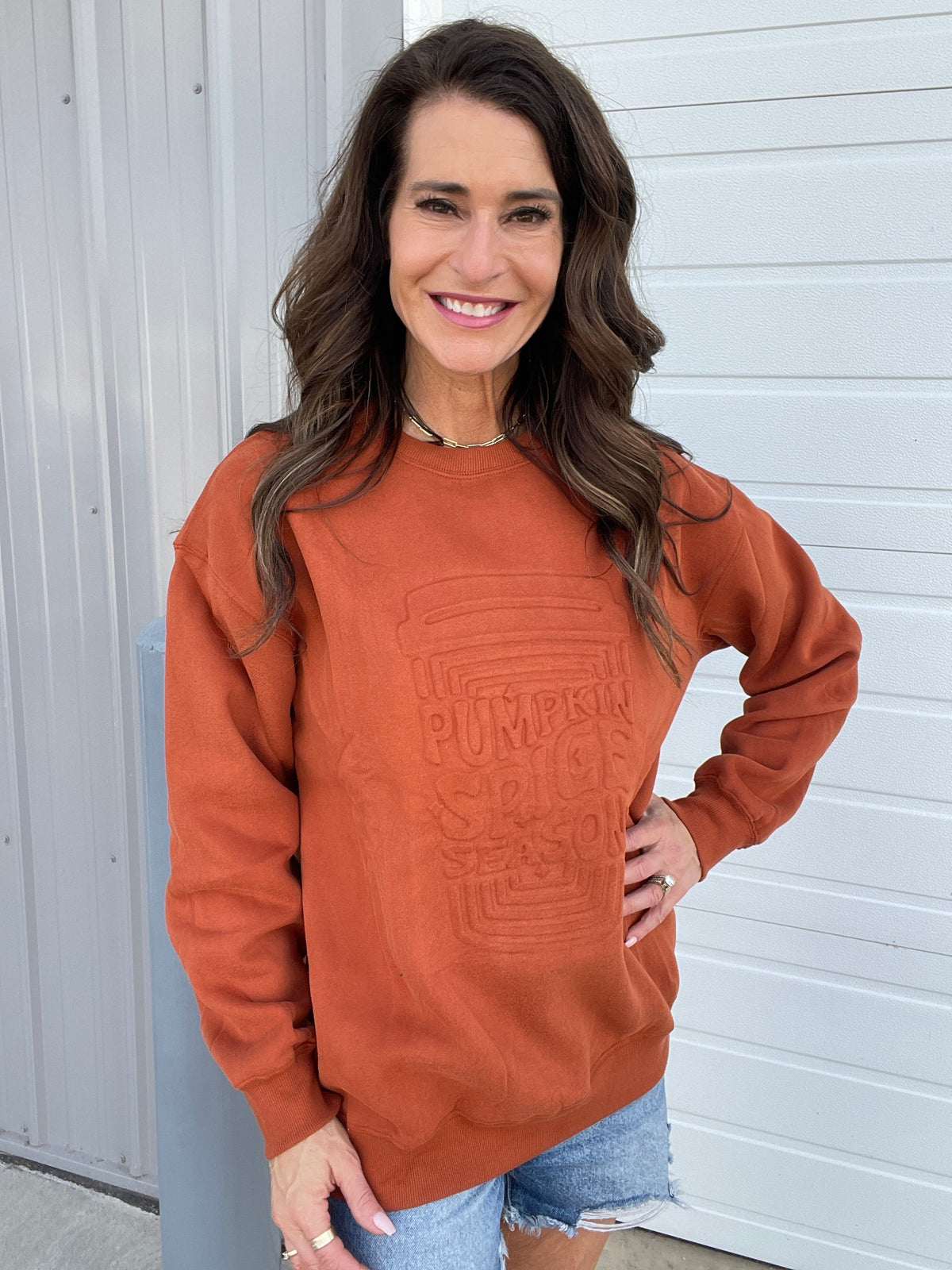 Corn Maze Pumpkin Spice Latte Embossed Crewneck Sweatshirt *Final Sale*